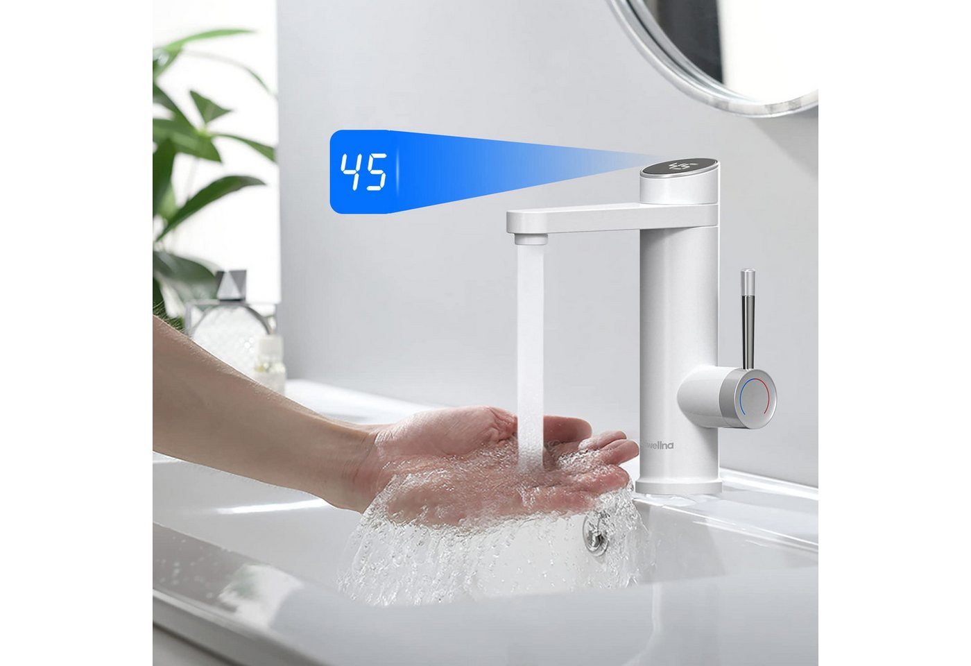Oihpaw Durchlauferhitzer Wasserhähne, 3000 W Temperaturanzeige, weiß Bad Küche Waschbecken Wasserhähne, 120° schwenkbar