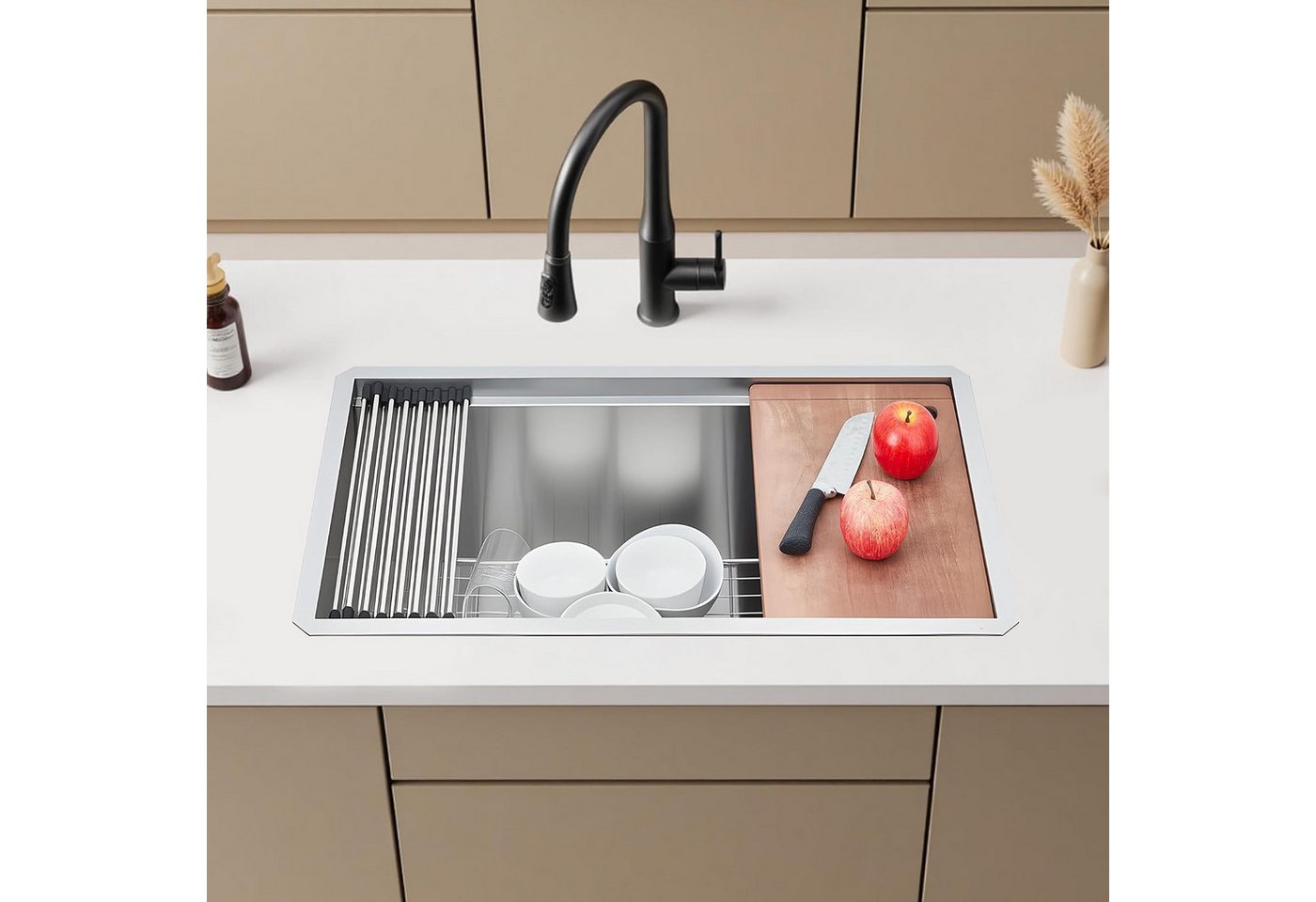 GarveeMore Küchenspüle Edelstahl-Unterbauspüle als Arbeitsstation,Spülbecken, 76/48 cm, Einzelbecken mit Zubehör und integrierten Funktionen