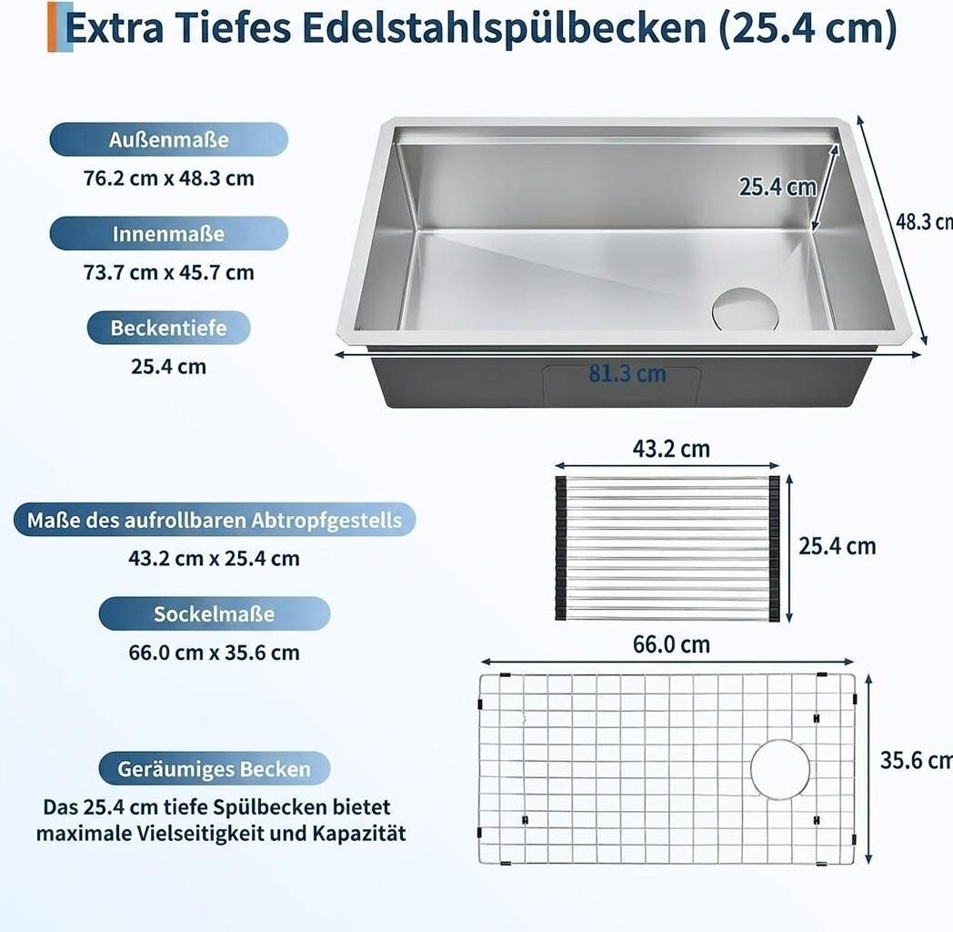 GarveeMore Küchenspüle Edelstahl-Unterbauspüle als Arbeitsstation,Spülbecken, 76/48 cm, Einzelbecken mit Zubehör und integrierten Funktionen Bild 4