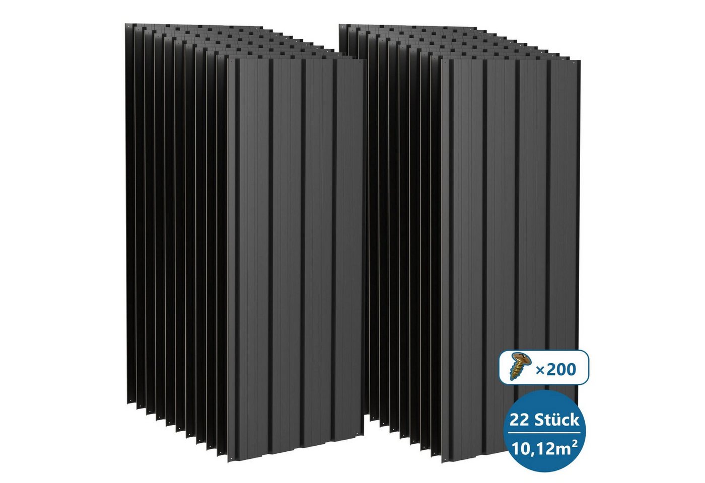Bolwins Trapezblech 22x Profilblech 10m² Trapezblech Blech Metall Dachblech Dach Platten, Verzinkter und lackierter Stahl Verzinkt, schwarz lackiert, korrosionsschützend, witterungsbeständig, (Komplettset, Dach- und Wandprofil-Set 22-St. 22 Trapezbleche 108 × 42,6 cm, 200 Befestigungsschrauben) Verzinkt, lackiert, Wasserablaufrille, inkl. 200 Schrauben, robust
