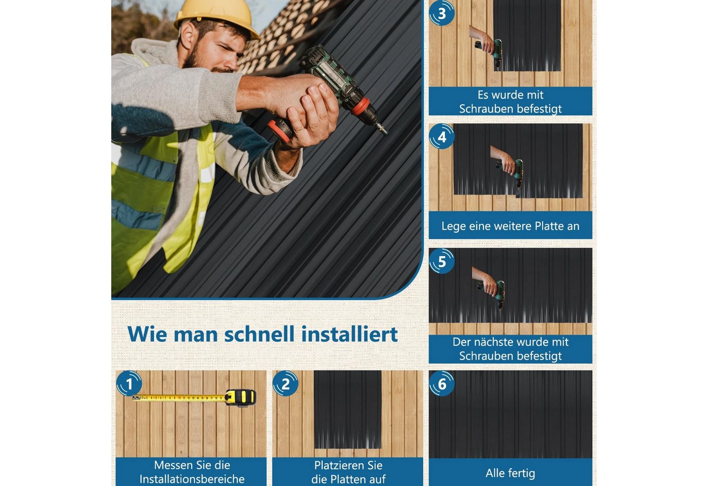 Bolwins Trapezblech 22x Profilblech 10m² Trapezblech Blech Metall Dachblech Dach Platten, Verzinkter und lackierter Stahl Verzinkt, schwarz lackiert, korrosionsschützend, witterungsbeständig, (Komplettset, Dach- und Wandprofil-Set 22-St. 22 Trapezbleche 108 × 42,6 cm, 200 Befestigungsschrauben) Verzinkt, lackiert, Wasserablaufrille, inkl. 200 Schrauben, robust Bild 2