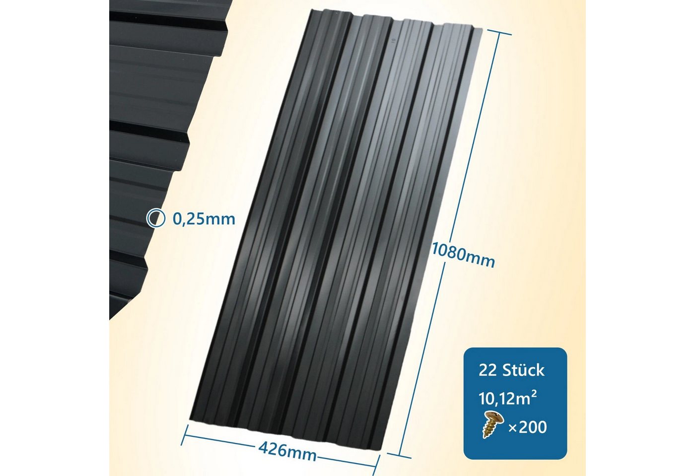 Bolwins Trapezblech 22x Profilblech 10m² Trapezblech Blech Metall Dachblech Dach Platten, Verzinkter und lackierter Stahl Verzinkt, schwarz lackiert, korrosionsschützend, witterungsbeständig, (Komplettset, Dach- und Wandprofil-Set 22-St. 22 Trapezbleche 108 × 42,6 cm, 200 Befestigungsschrauben) Verzinkt, lackiert, Wasserablaufrille, inkl. 200 Schrauben, robust Bild 4