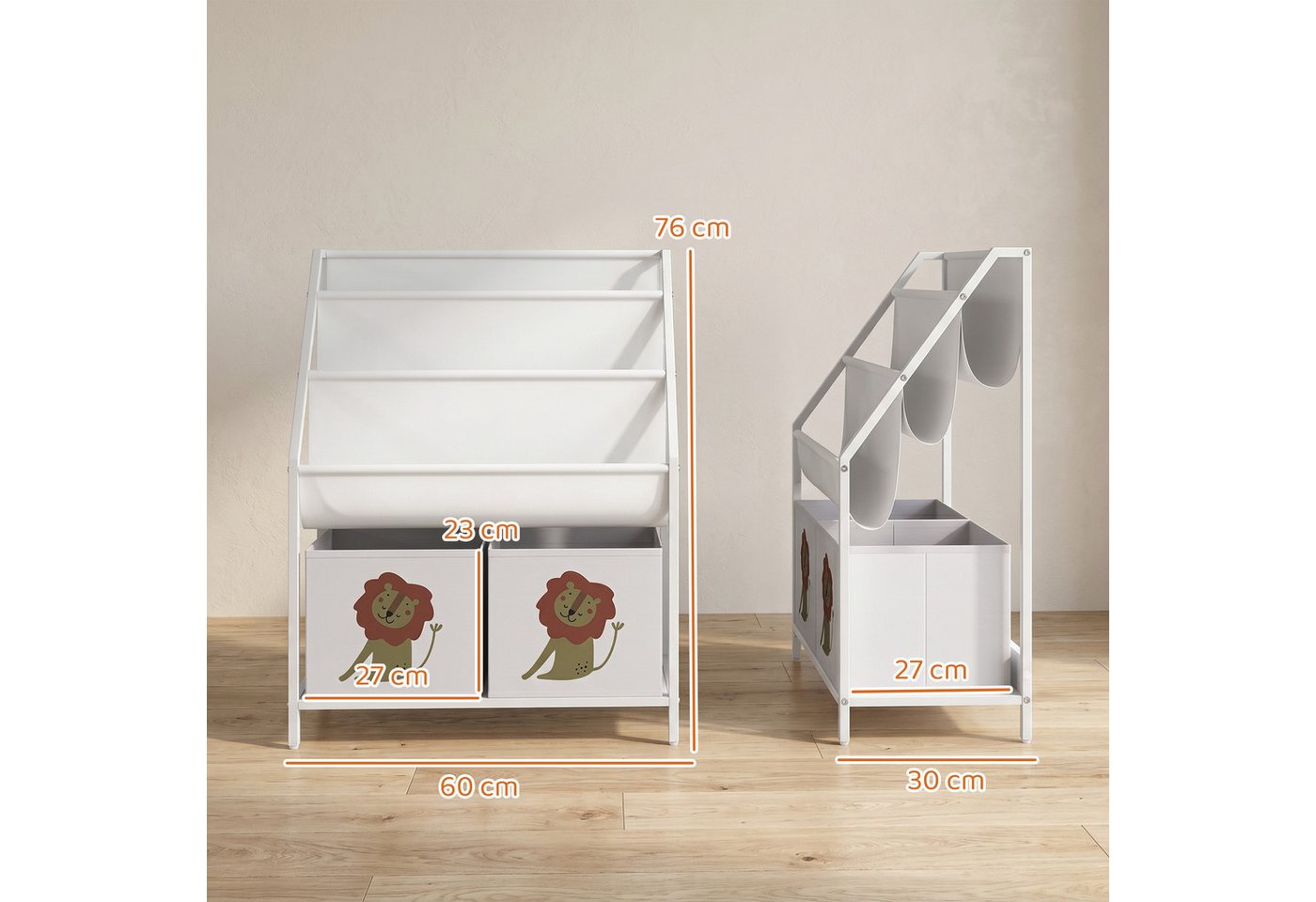 AIYAPLAY Kinderregal Bücherregal mit 2 offenen Fächer 3 Hängeregale, Set 1-tlg., für Kinderzimmer 60 x 30 x 76 cm Weiß