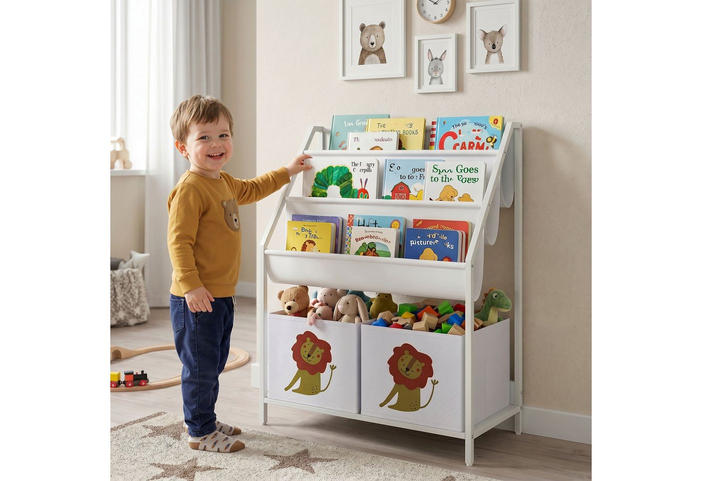 AIYAPLAY Kinderregal Bücherregal mit 2 offenen Fächer 3 Hängeregale, Set 1-tlg., für Kinderzimmer 60 x 30 x 76 cm Weiß Bild 2