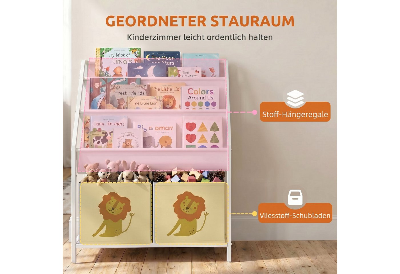AIYAPLAY Kinderregal Bücherregal mit 2 offenen Fächer 3 Hängeregale, Set 1-tlg., für Kinderzimmer 60 x 30 x 76 cm Weiß Bild 4