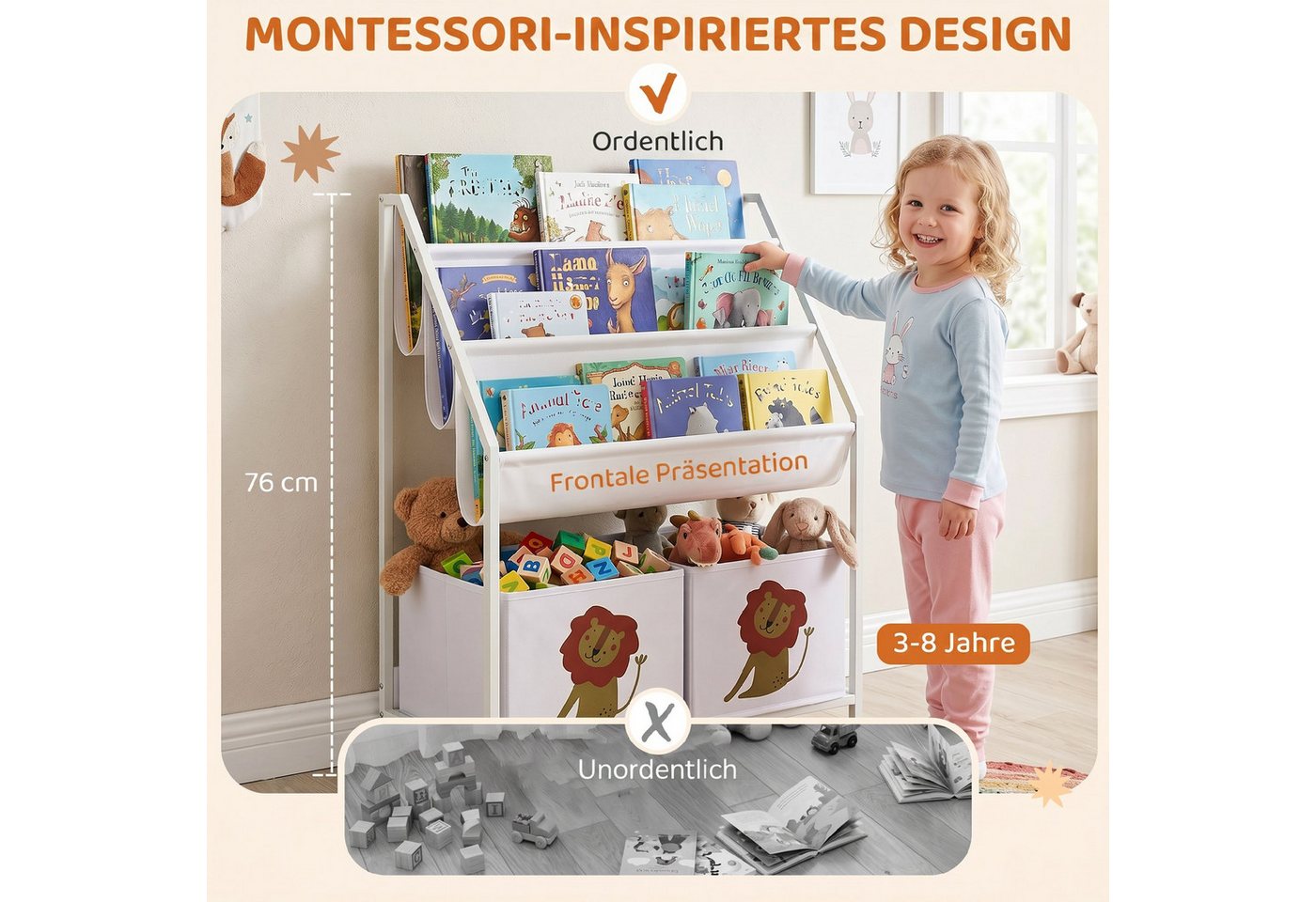 AIYAPLAY Kinderregal Bücherregal mit 2 offenen Fächer 3 Hängeregale, Set 1-tlg., für Kinderzimmer 60 x 30 x 76 cm Weiß Bild 5