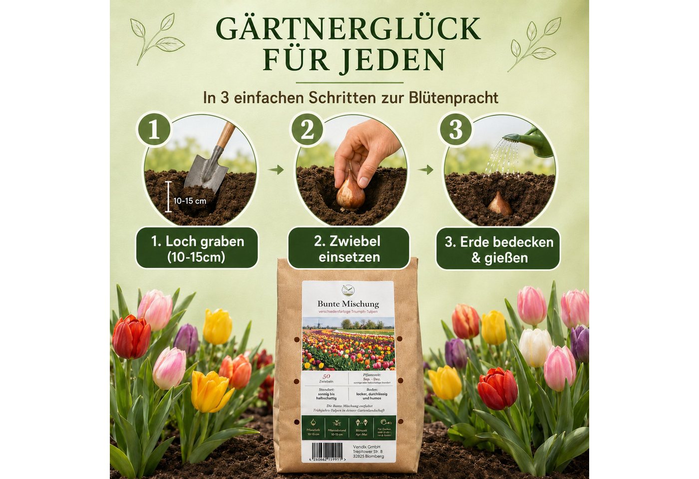 HappySeed Blumenzwiebeln 50 Stk, Tulpen & Frühlingsblüher, verschiedene Sorten, (Bunte Mischung, 50-St), Bunte Mischung