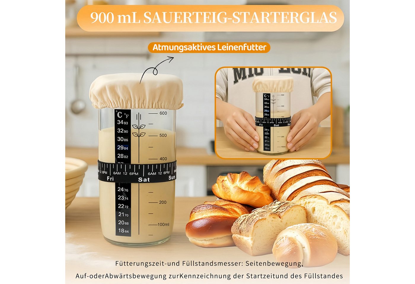 PFCTART Gärkorb Sauerteig Starter Set mit Gärkörbchen & Sauerteig Glas 1000 ml, (Set 15-tlg), Brot backen Zubehör, Gärkorb, optimale Luftzirkulation, Kaltgärung Bild 3