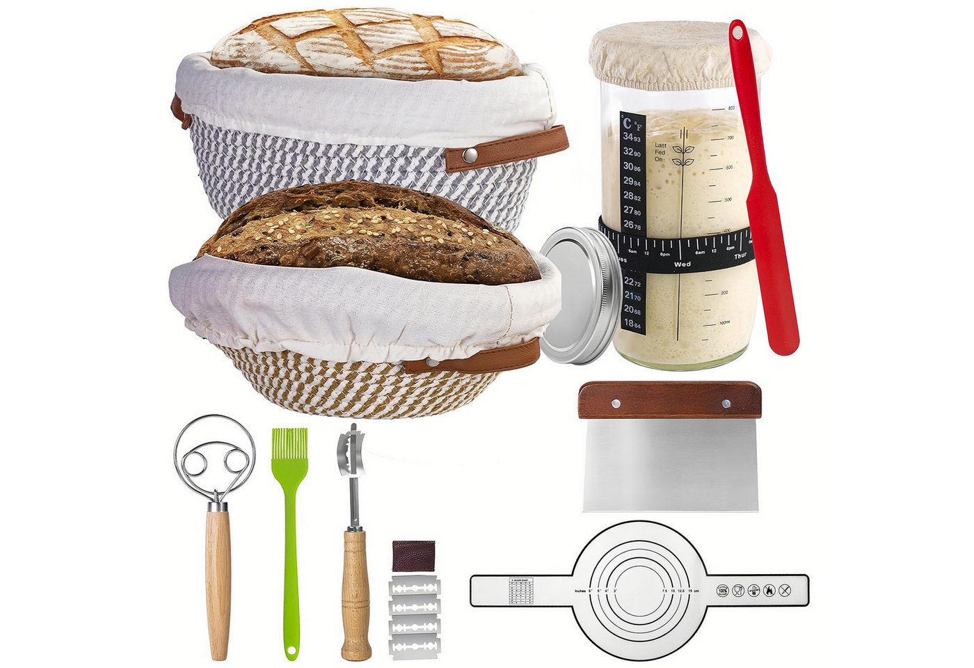 PFCTART Gärkorb Sauerteig Starter Set mit Gärkörbchen & Sauerteig Glas 1000 ml, (Set 15-tlg), Brot backen Zubehör, Gärkorb, optimale Luftzirkulation, Kaltgärung Bild 5