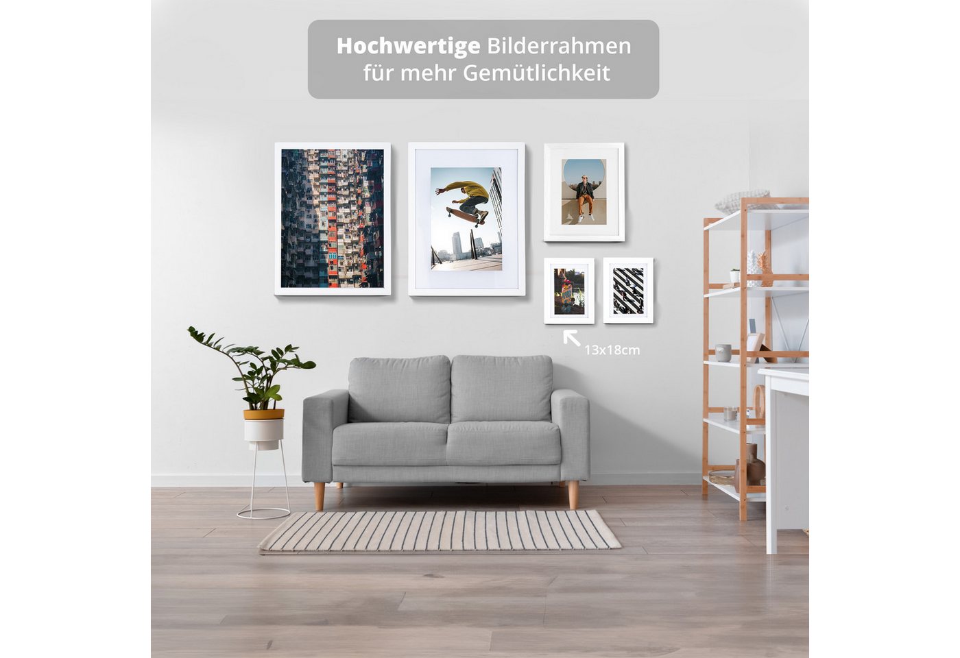 KHG Bilderrahmen 13x18 cm Weiß, für 1 Bilder (stabile Glasfront, MDF-Holz-Rahmen foliert & Passepartout, 1 St), Premium-Rahmen für Fotos, Poster, Zertifikate & Collagen