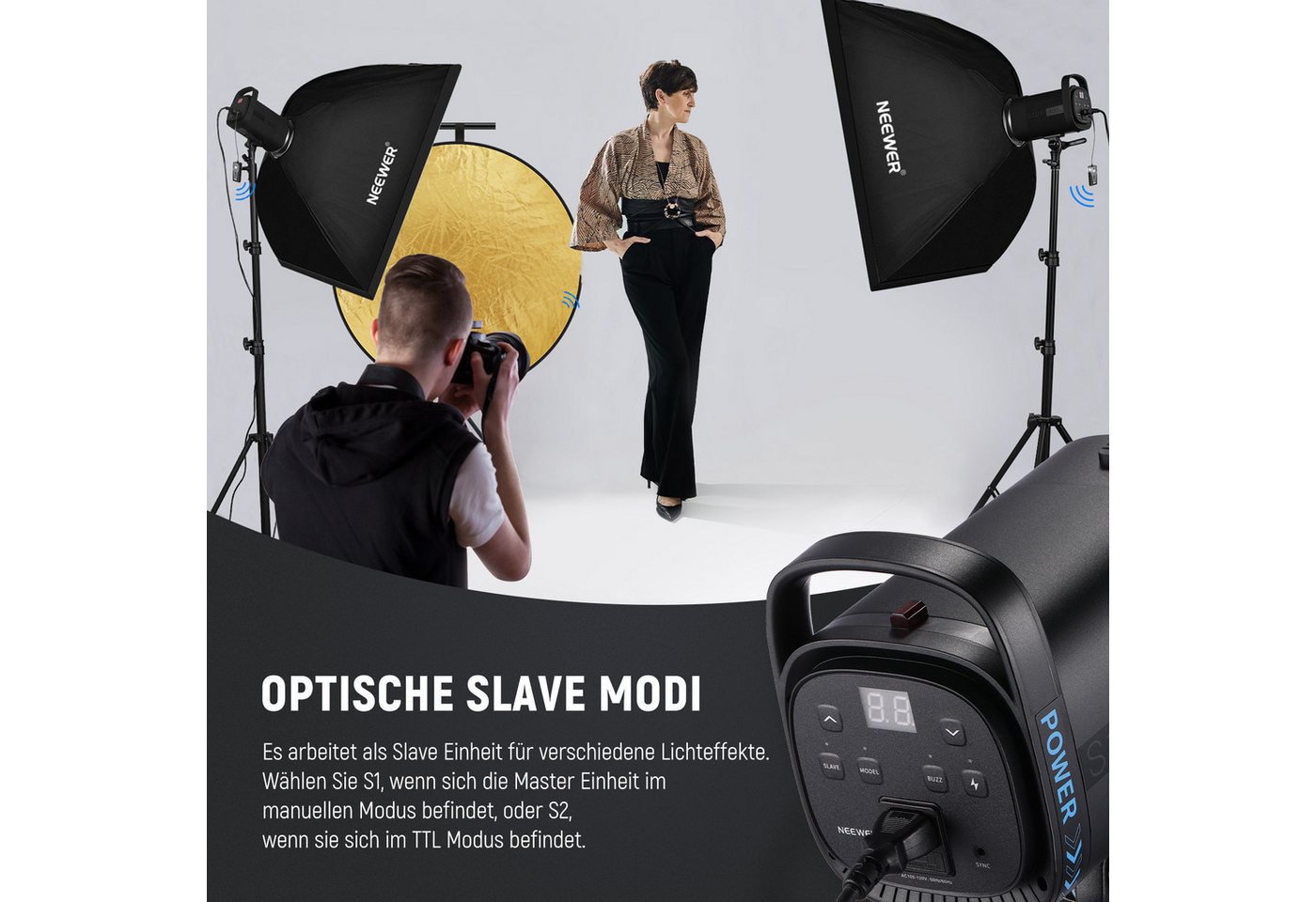 Neewer Studioleuchte S101-400W Studio Monolight Blitzlicht Set, 2Pack Set 800W Studio Flash, 5600K, mit Bowens Mount/Softbox/Ständer/Reflektor/Auslöser Bild 3