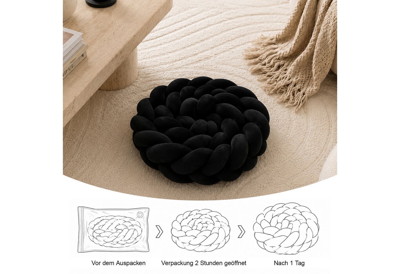 Youyijia Sitzkissen Schwarzes Knotenkissen Geflochten Lang, Gepolstertes Sitzkissen Bild 2
