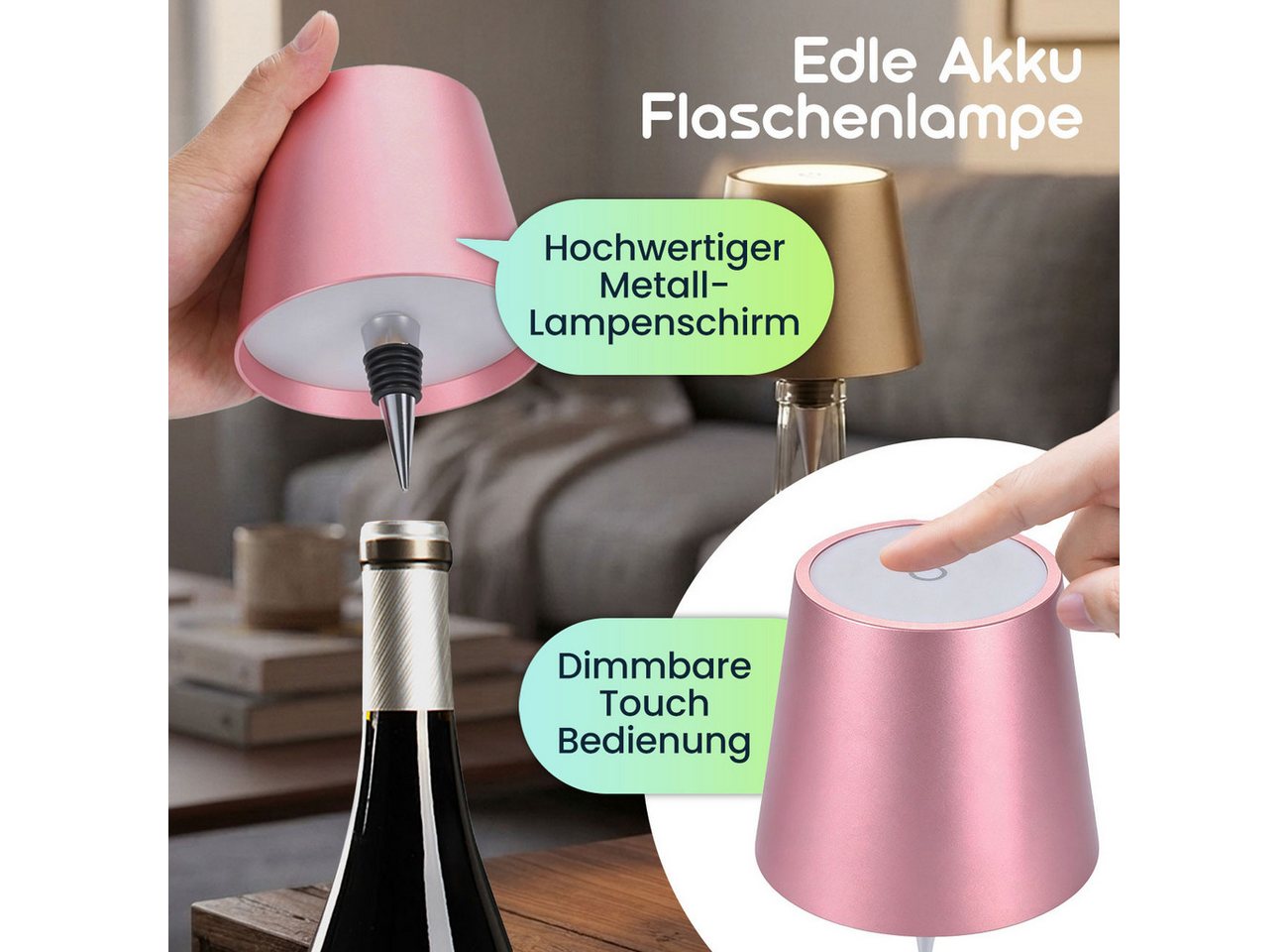 shop'n smile ideoon LED Tischleuchte Akku Flaschenlampe Rosegold Dimmbar LED Tischleuchte Touch USB-C, LEDs, Kaltweiß, Warmweiß, Neutralweiß / Naturweiß, Akku-Flaschenlicht 3 Lichtfarben, dimmbar, Touch, Metallschirm, USB-C