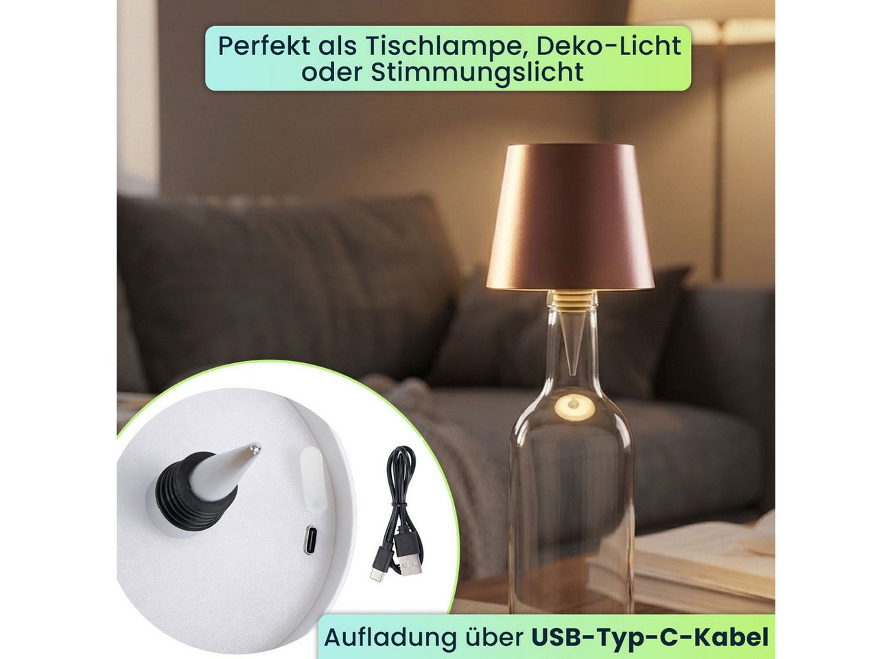 shop'n smile ideoon LED Tischleuchte Akku Flaschenlampe Rosegold Dimmbar LED Tischleuchte Touch USB-C, LEDs, Kaltweiß, Warmweiß, Neutralweiß / Naturweiß, Akku-Flaschenlicht 3 Lichtfarben, dimmbar, Touch, Metallschirm, USB-C Bild 2