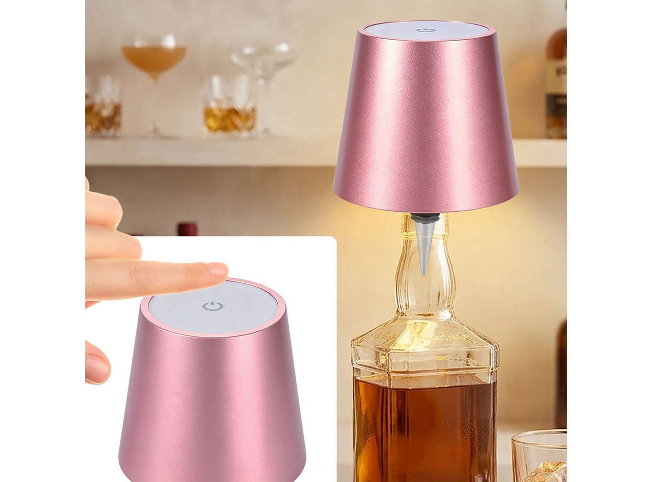 shop'n smile ideoon LED Tischleuchte Akku Flaschenlampe Rosegold Dimmbar LED Tischleuchte Touch USB-C, LEDs, Kaltweiß, Warmweiß, Neutralweiß / Naturweiß, Akku-Flaschenlicht 3 Lichtfarben, dimmbar, Touch, Metallschirm, USB-C Bild 3
