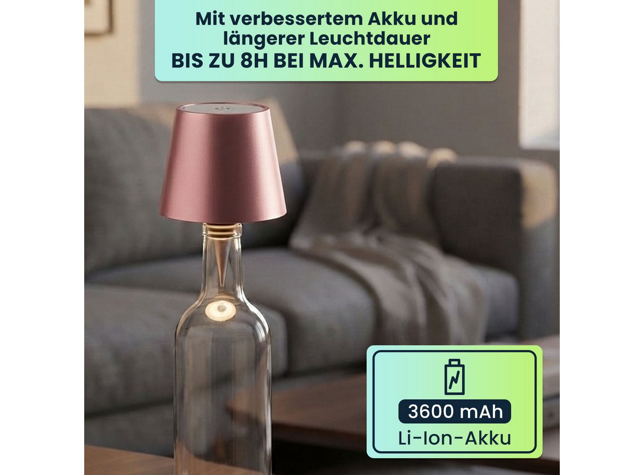 shop'n smile ideoon LED Tischleuchte Akku Flaschenlampe Rosegold Dimmbar LED Tischleuchte Touch USB-C, LEDs, Kaltweiß, Warmweiß, Neutralweiß / Naturweiß, Akku-Flaschenlicht 3 Lichtfarben, dimmbar, Touch, Metallschirm, USB-C Bild 4