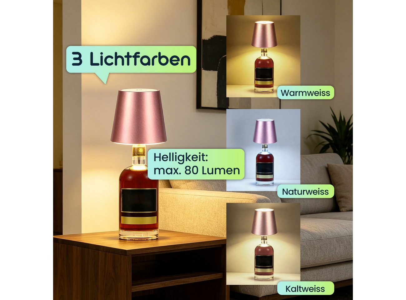 shop'n smile ideoon LED Tischleuchte Akku Flaschenlampe Rosegold Dimmbar LED Tischleuchte Touch USB-C, LEDs, Kaltweiß, Warmweiß, Neutralweiß / Naturweiß, Akku-Flaschenlicht 3 Lichtfarben, dimmbar, Touch, Metallschirm, USB-C Bild 5