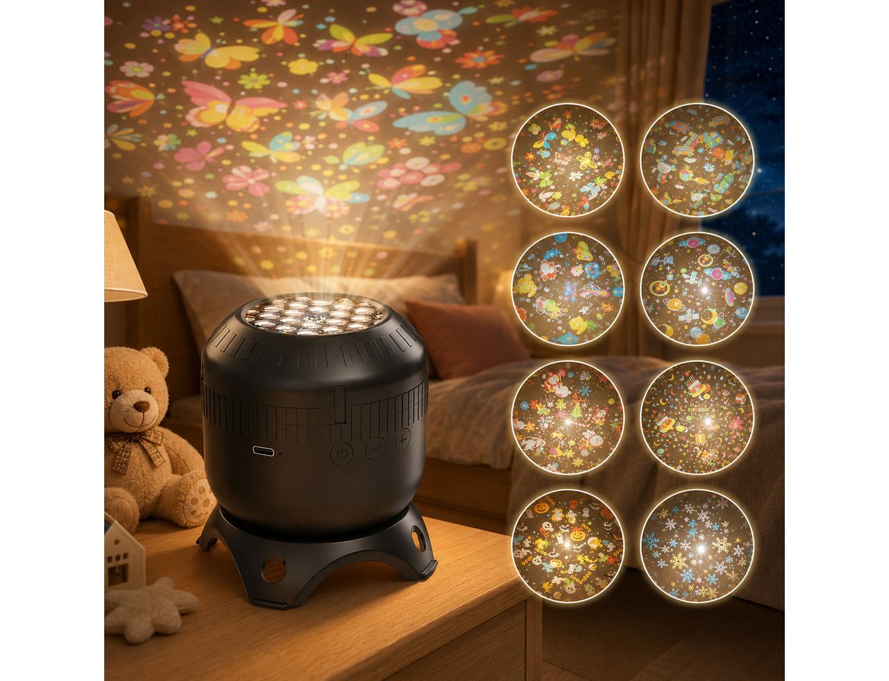 OYLCDI Projektionslampe Projektionslampe für Kinder mit 8 Wechselmotiven, Nachtlicht Projektor mit drehbarer Projektion, USB-C, 0,8–3,2 m Projektionsabstand, für Kinderzimmer & Schlafzimmer Bild 4