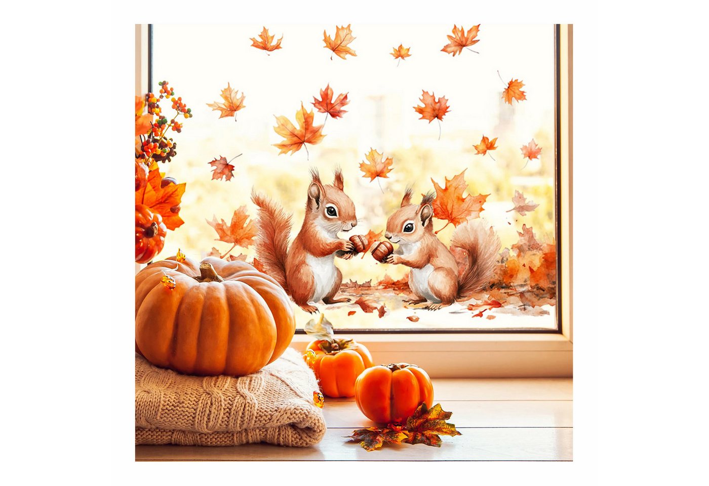 Bomiclss Fensterbild Fensterbilder Herbst Eichhörnchen 30 × 60 cm Doppelseitig,2 Tickets, Herbst Fensteraufkleber, Statische Haftung, Wiederverwendbar Bild 3
