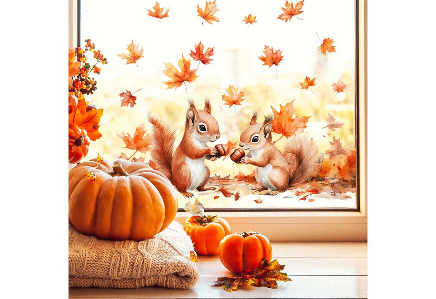 Bomiclss Fensterbild Fensterbilder Herbst Eichhörnchen 30 × 60 cm Doppelseitig,2 Tickets, Herbst Fensteraufkleber, Statische Haftung, Wiederverwendbar Bild 4