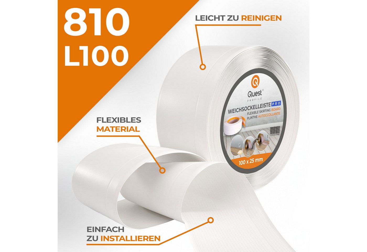 Quest Sockelleiste Weichsockelleiste Knickleiste 100x25 mm, L: 100,00 cm, H: 10,00 cm, Packung, 1-St., wasserfest, UV-beständig, für Küche & Bad Bild 4