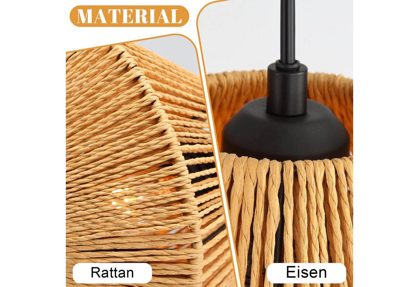 Nettlife Pendelleuchte Rattan Hängeleuchte 3 flammig Boho E27 für Esszimmer Wohnzimmer, Ohne Leuchtmittel, für Esstisch Esszimmer Schlafzimmer Wohnzimmer