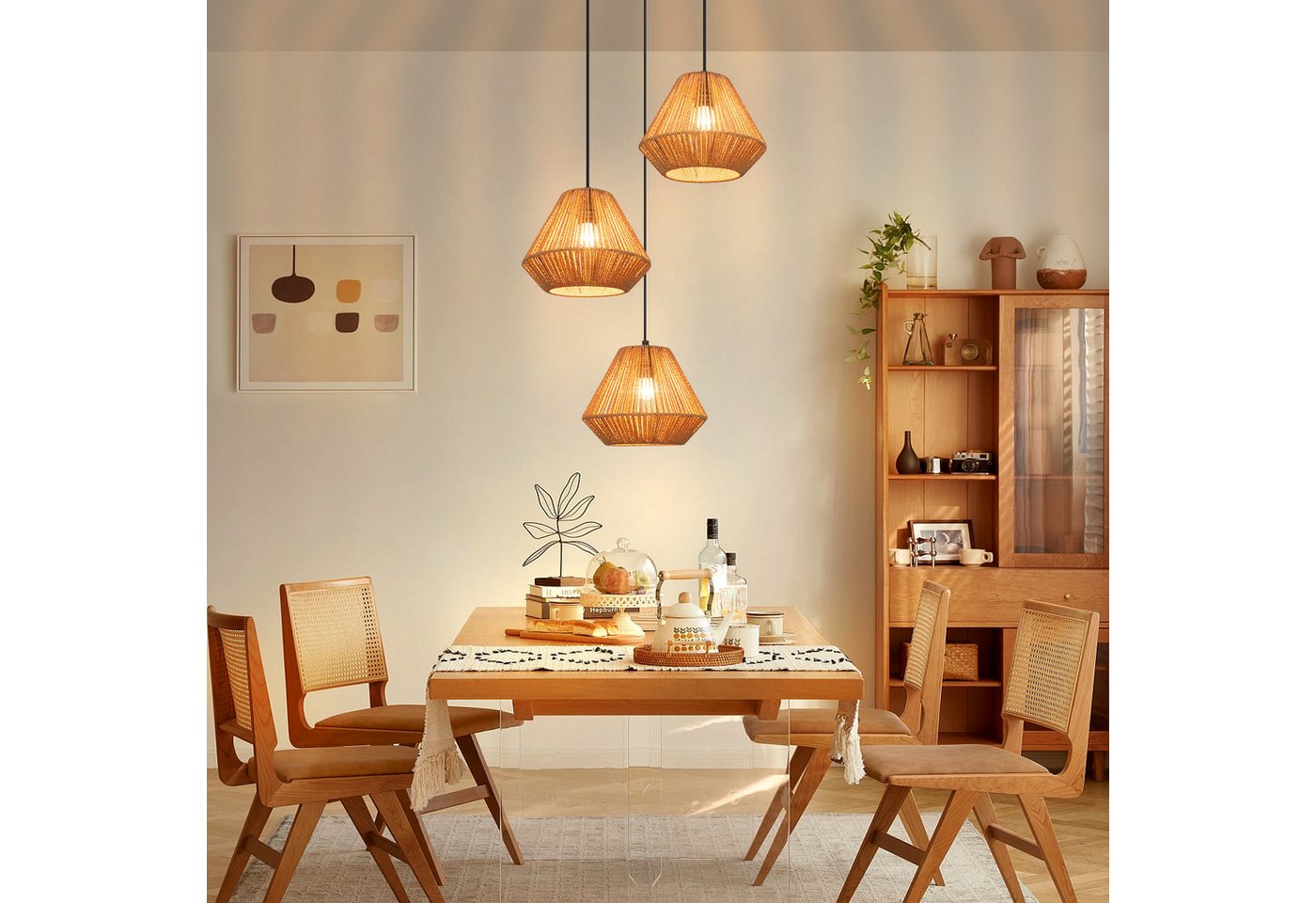 Nettlife Pendelleuchte Rattan Hängeleuchte 3 flammig Boho E27 für Esszimmer Wohnzimmer, Ohne Leuchtmittel, für Esstisch Esszimmer Schlafzimmer Wohnzimmer Bild 2