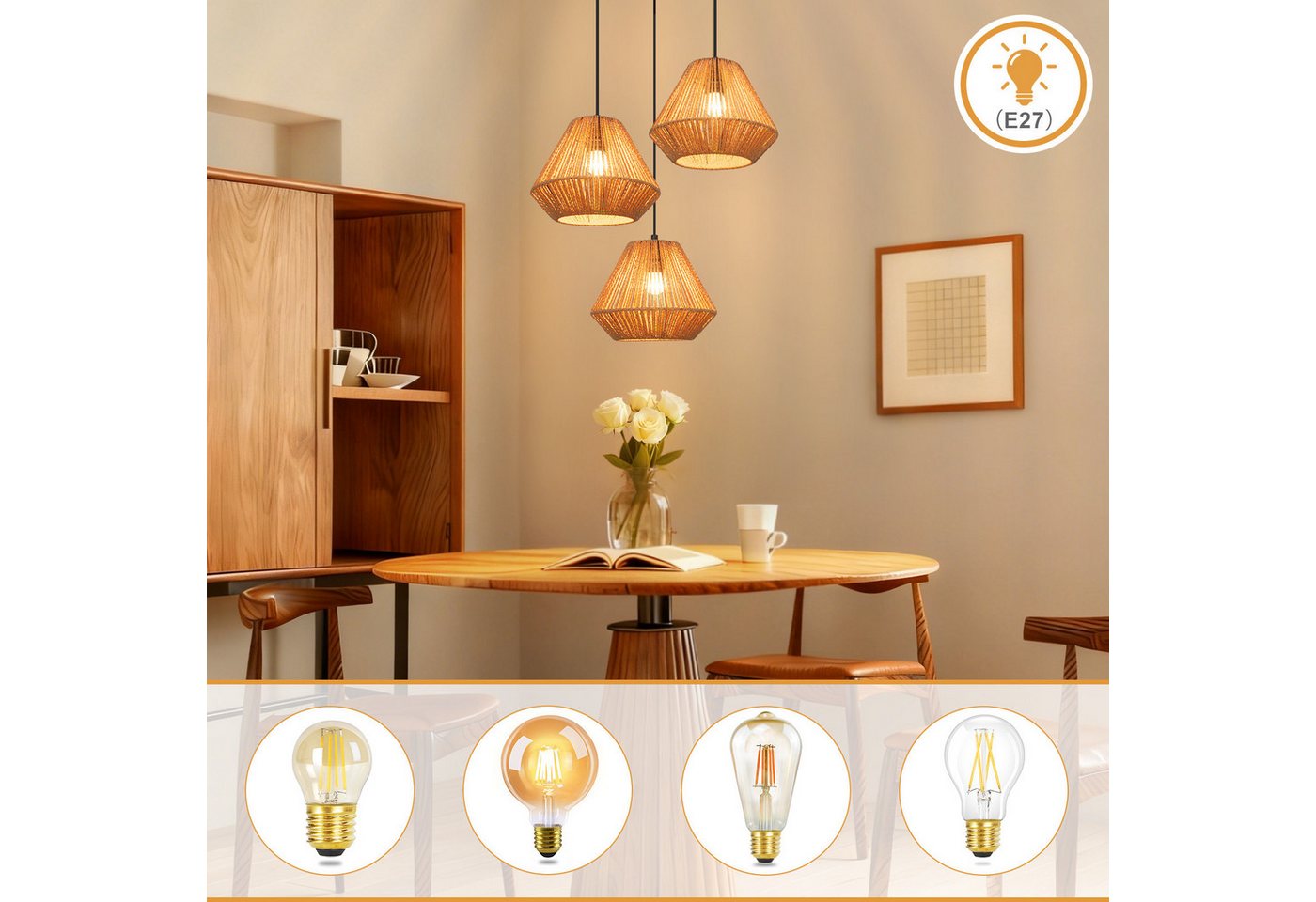 Nettlife Pendelleuchte Rattan Hängeleuchte 3 flammig Boho E27 für Esszimmer Wohnzimmer, Ohne Leuchtmittel, für Esstisch Esszimmer Schlafzimmer Wohnzimmer Bild 3