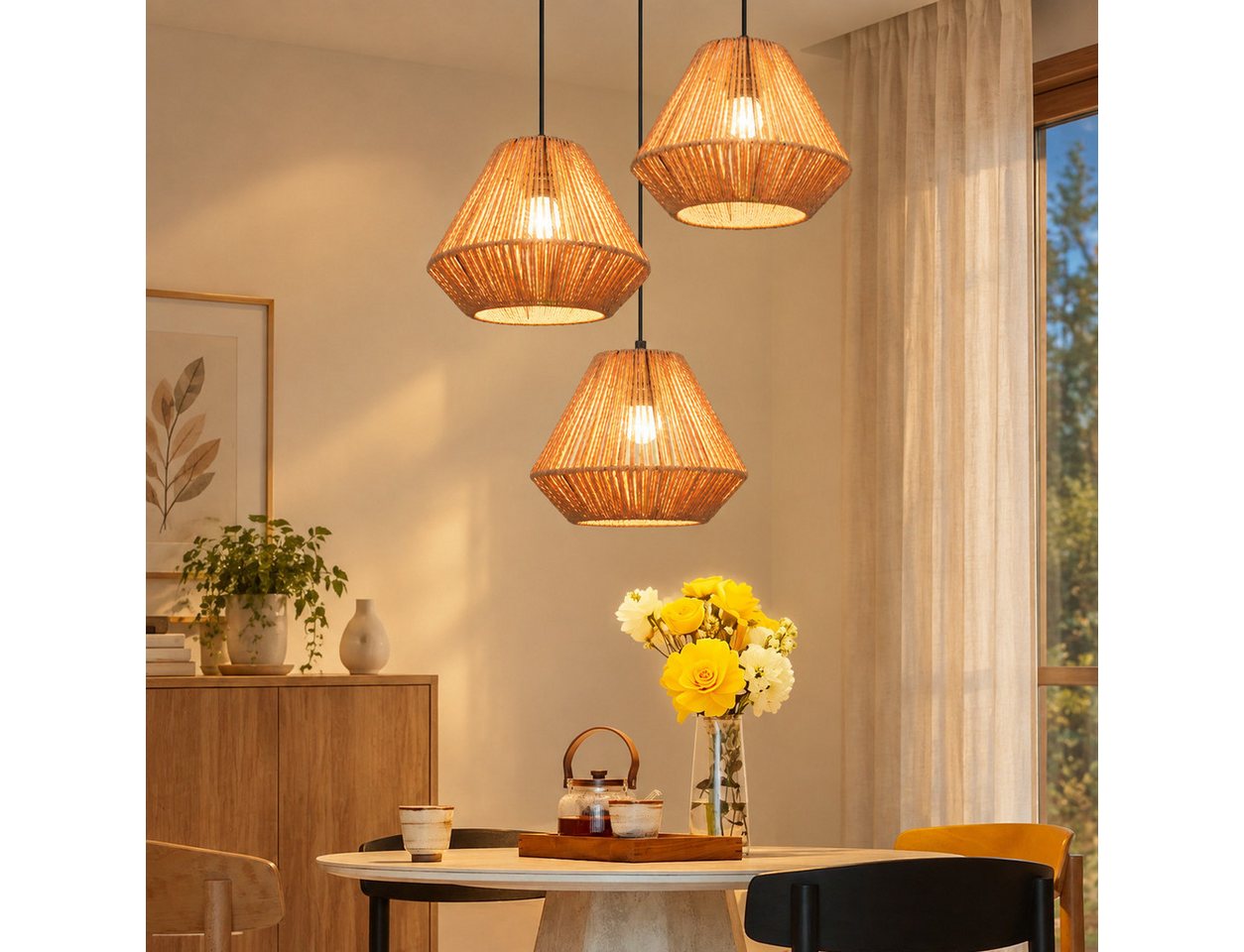 Nettlife Pendelleuchte Rattan Hängeleuchte 3 flammig Boho E27 für Esszimmer Wohnzimmer, Ohne Leuchtmittel, für Esstisch Esszimmer Schlafzimmer Wohnzimmer Bild 4