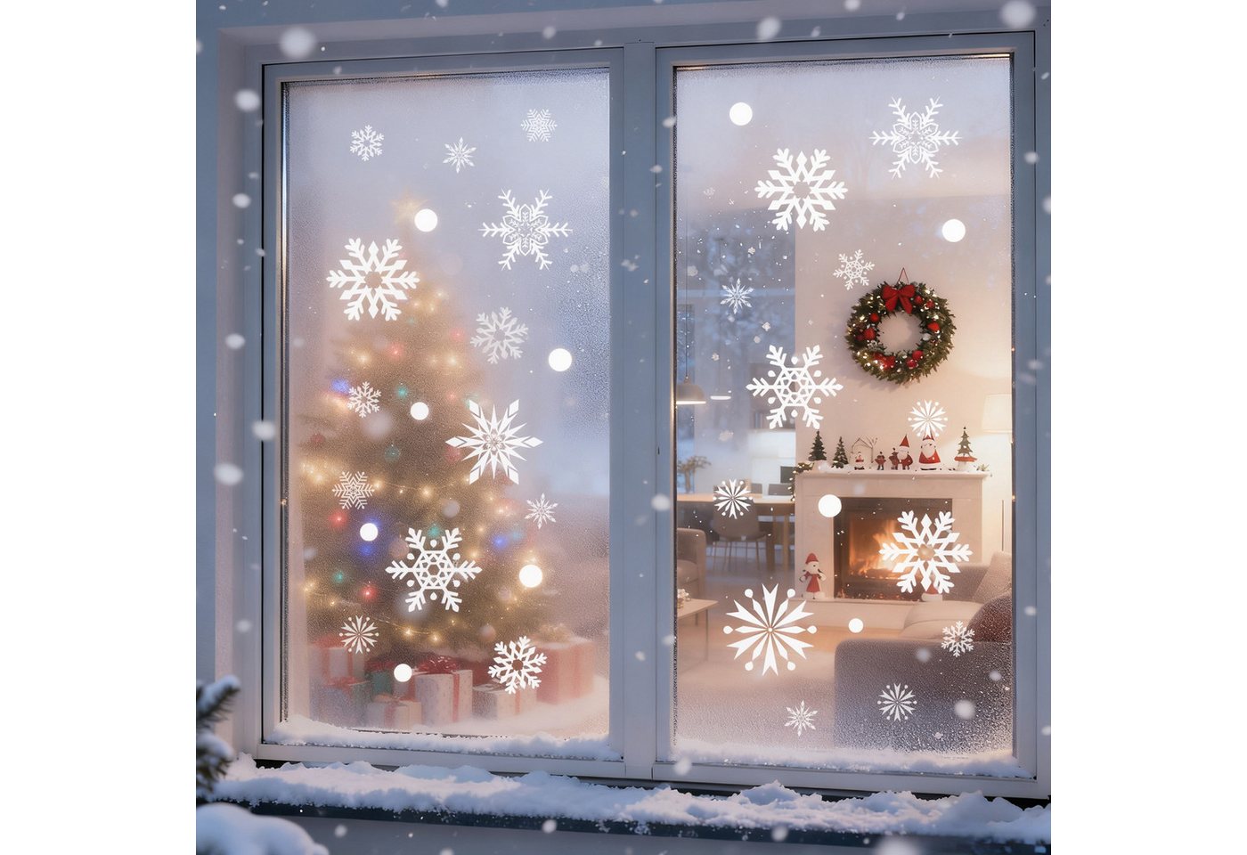 Salcar Fensterbild Fensteraufkleber Weihnachten Schneeflocken Weihnachtsdekoration Deko, 200er-Set Aufkleber in 3 Größen und 4 Formen, Doppelseitig Sichtbar