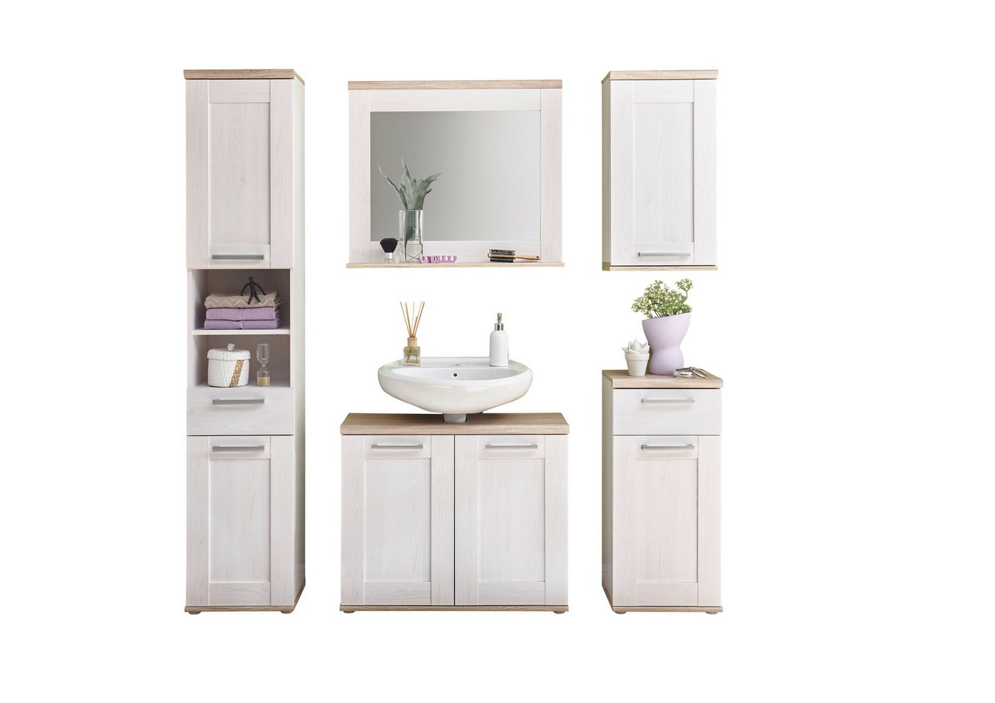 moebel-dich-auf Badmöbel-Set ELEGANCE, (Set 1, Hochschrank, Spiegel, Wbu, Hängeschrank, Kommode, 5-ST), im Landhausstil