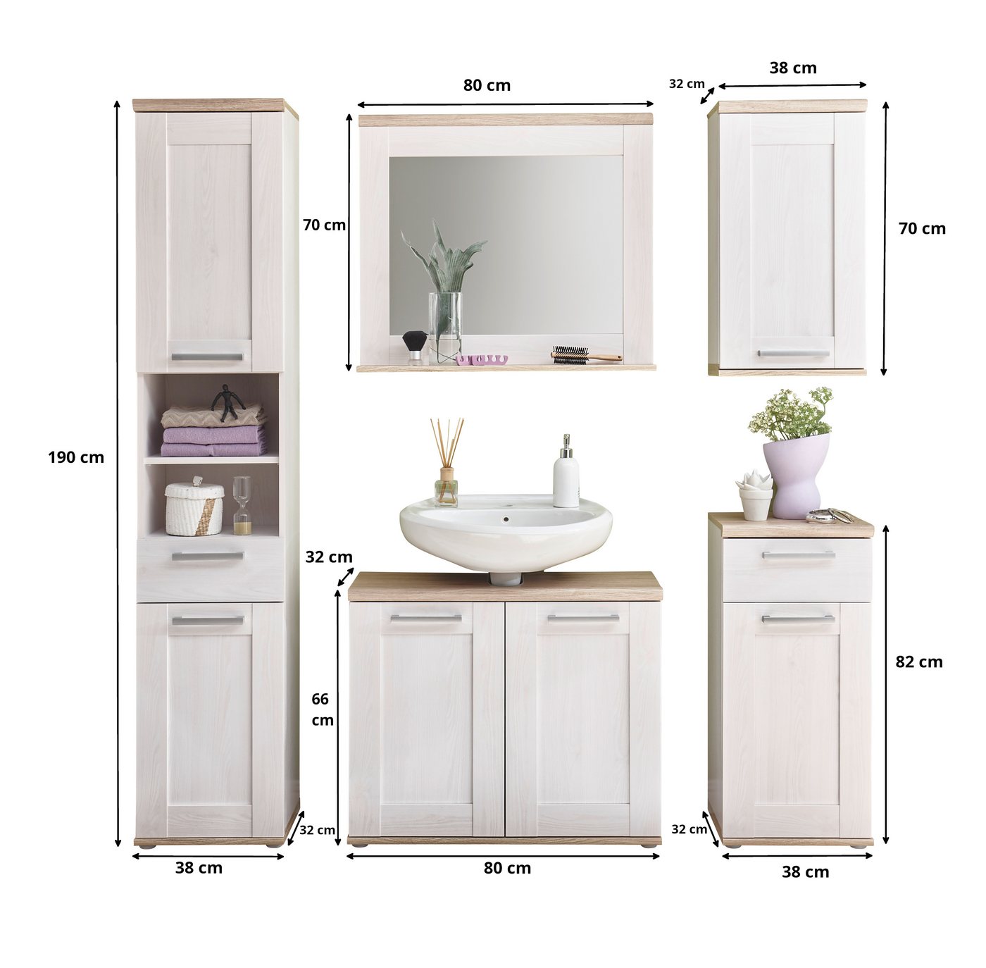 moebel-dich-auf Badmöbel-Set ELEGANCE, (Set 1, Hochschrank, Spiegel, Wbu, Hängeschrank, Kommode, 5-ST), im Landhausstil Bild 2
