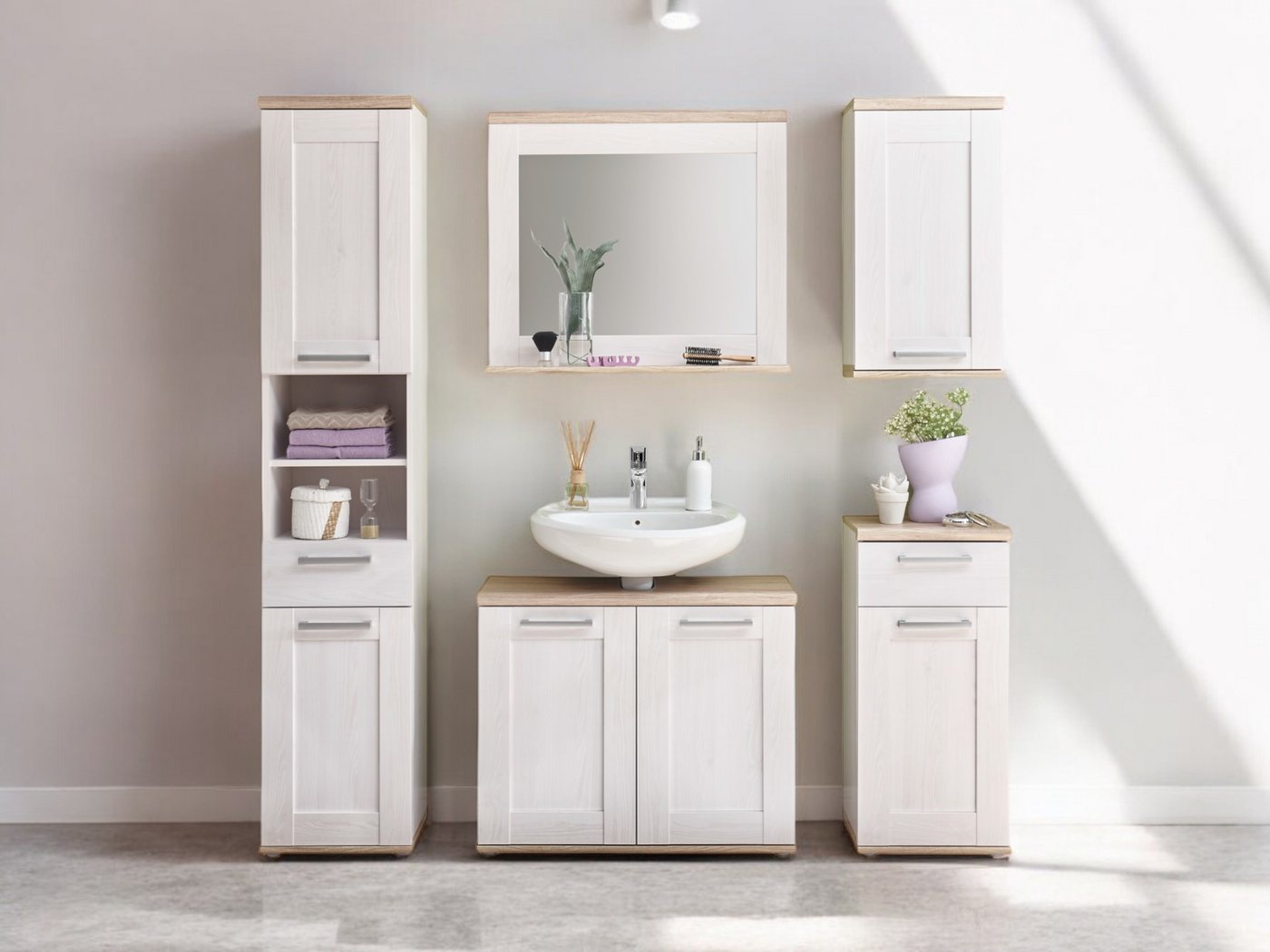 moebel-dich-auf Badmöbel-Set ELEGANCE, (Set 1, Hochschrank, Spiegel, Wbu, Hängeschrank, Kommode, 5-ST), im Landhausstil Bild 4