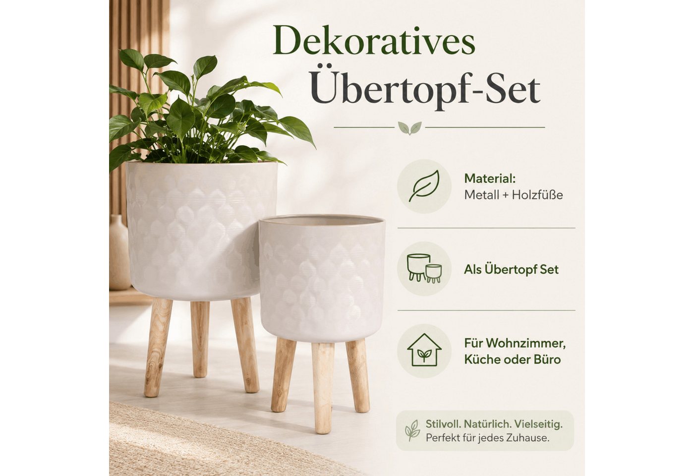 matches21 HOME & HOBBY Blumentopf Blumentöpfe 2er Set Beige Ø 24,5 x 42 cm & 28 x 43 cm mit Füßen (2 St), Übertöpfe aus Metall mit Holz Beinen