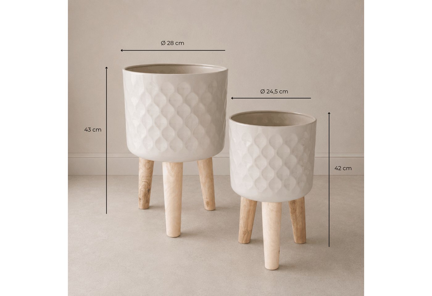 matches21 HOME & HOBBY Blumentopf Blumentöpfe 2er Set Beige Ø 24,5 x 42 cm & 28 x 43 cm mit Füßen (2 St), Übertöpfe aus Metall mit Holz Beinen Bild 4
