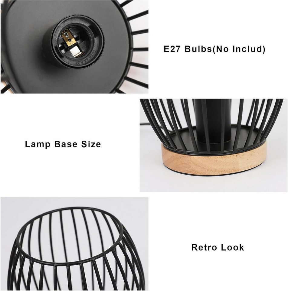 Riserva Außen-Tischleuchte Retro Tischlampe Schwarz mit E27 Fassung & Holz Basis Nachttisch Lampe Bild 2
