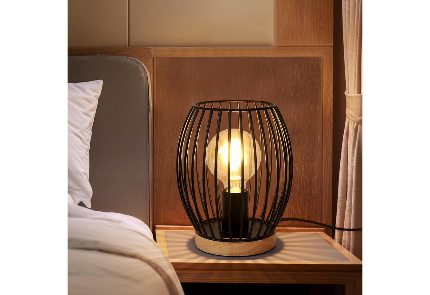 Riserva Außen-Tischleuchte Retro Tischlampe Schwarz mit E27 Fassung & Holz Basis Nachttisch Lampe Bild 3
