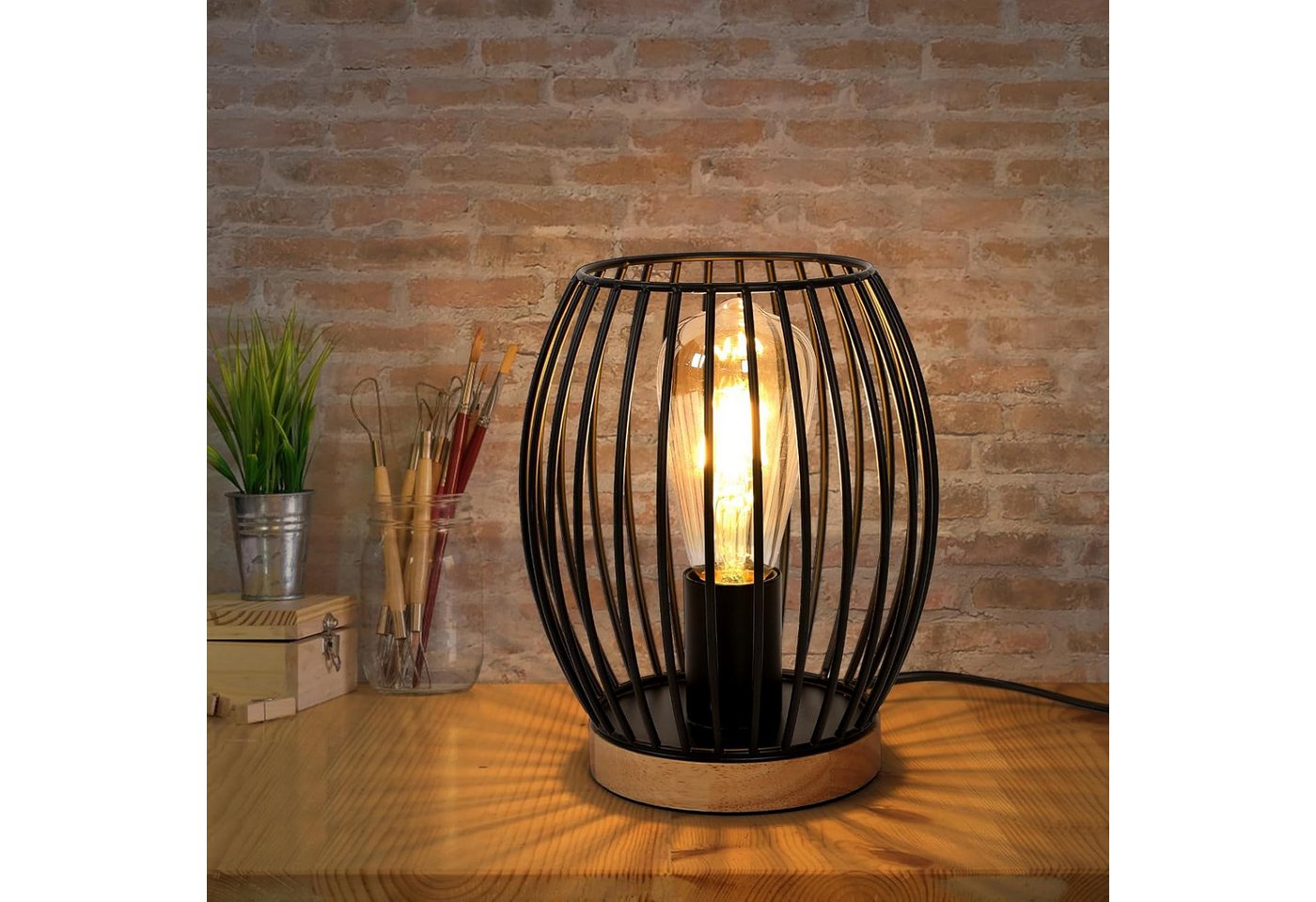 Riserva Außen-Tischleuchte Retro Tischlampe Schwarz mit E27 Fassung & Holz Basis Nachttisch Lampe Bild 4