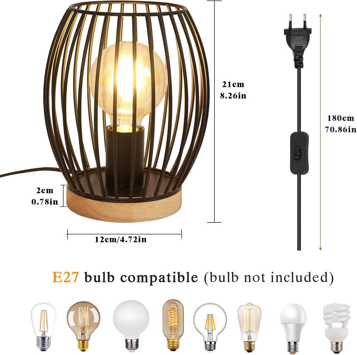 Riserva Außen-Tischleuchte Retro Tischlampe Schwarz mit E27 Fassung & Holz Basis Nachttisch Lampe Bild 5