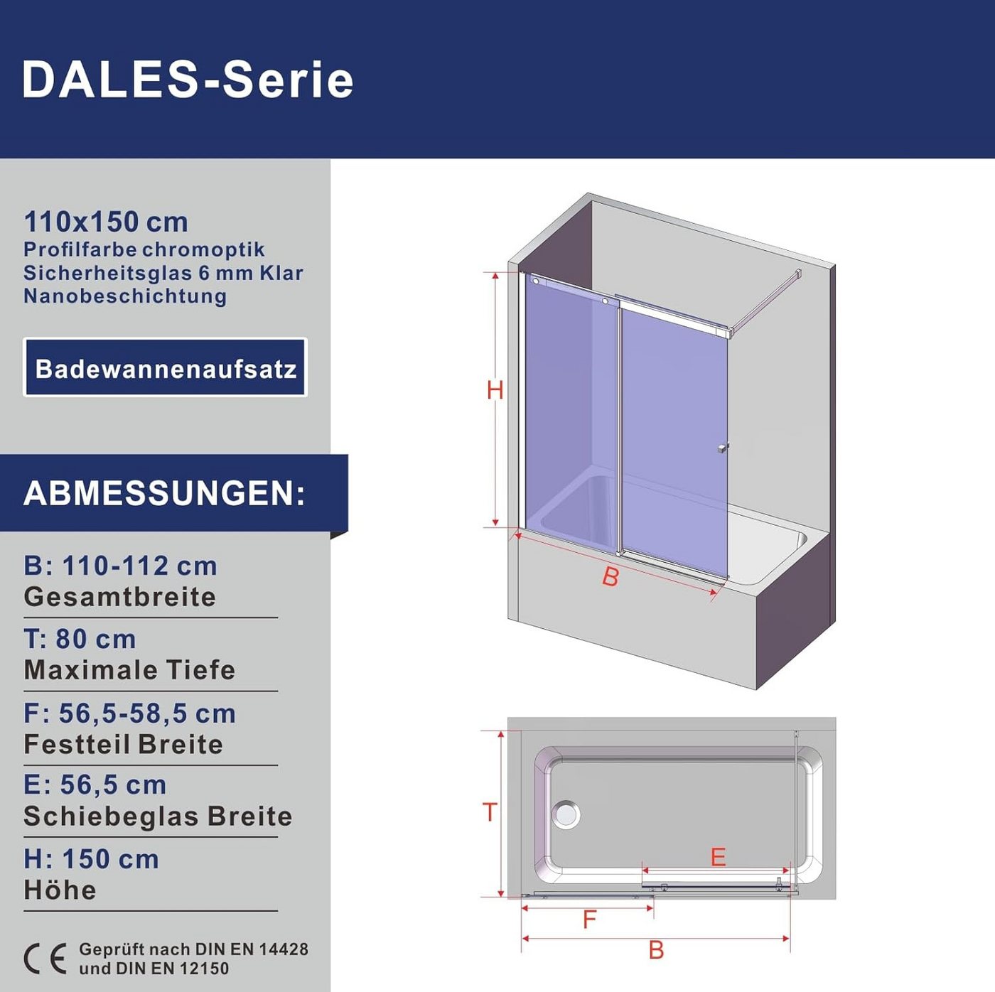 AQUALAVOS Badewannenaufsatz Duschabtrennung für Badewanne 110x140/150 Duschwand Drehtür/Schiebetür, 6 mm ESG mit Nano Beschichtung, links- oder rechtsseitig montierbar