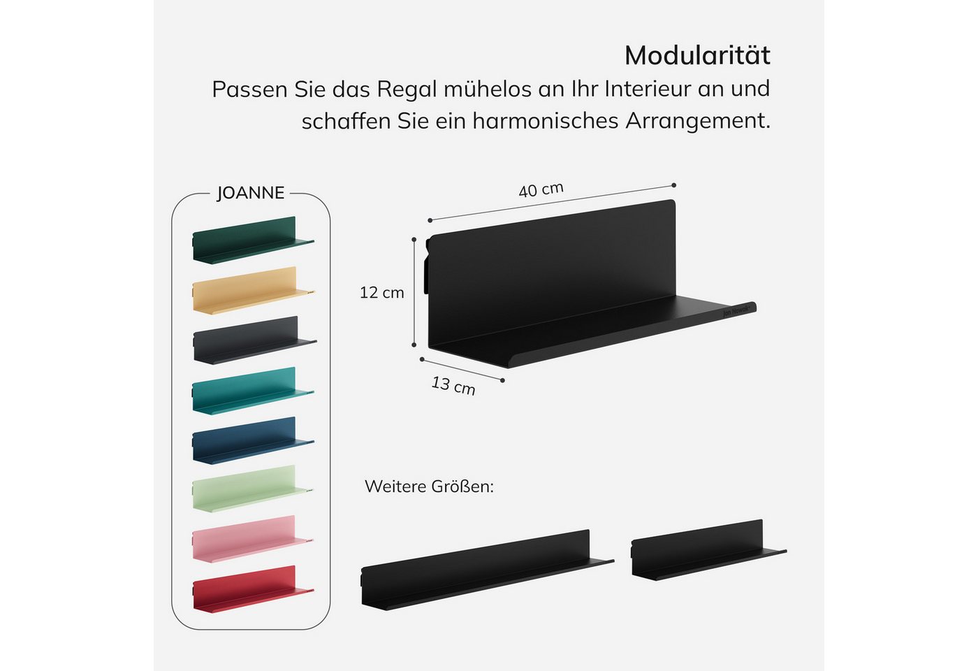 Jan Nowak Wandregal Wandregal JOANNE 40 cm Stahl verstecktes Befestigungssystem, Stahl 1,1 mm kaltgewalzt pulverbeschichtet 40 x 15 x 15 cm, Hängeregal abgerundet volle Rückwand 9 Farben modular Bild 5
