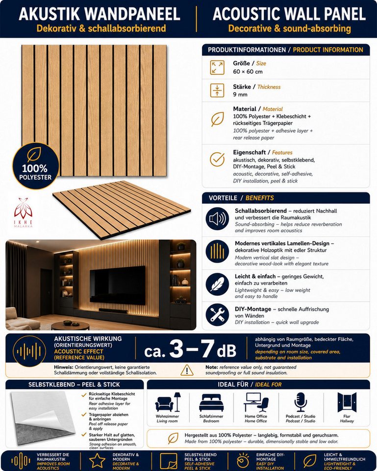 IKHEMalarka Wandpaneel Akustik Filz selbstklebend Holzoptik Decken Wandverkleidung, BxL: 60x60 cm, 0,36 qm, (1 Stück, 0,36qm) 60x60 cm 0,36 m² leicht, selbstklebende Rückseite als Montagehilfe Bild 3