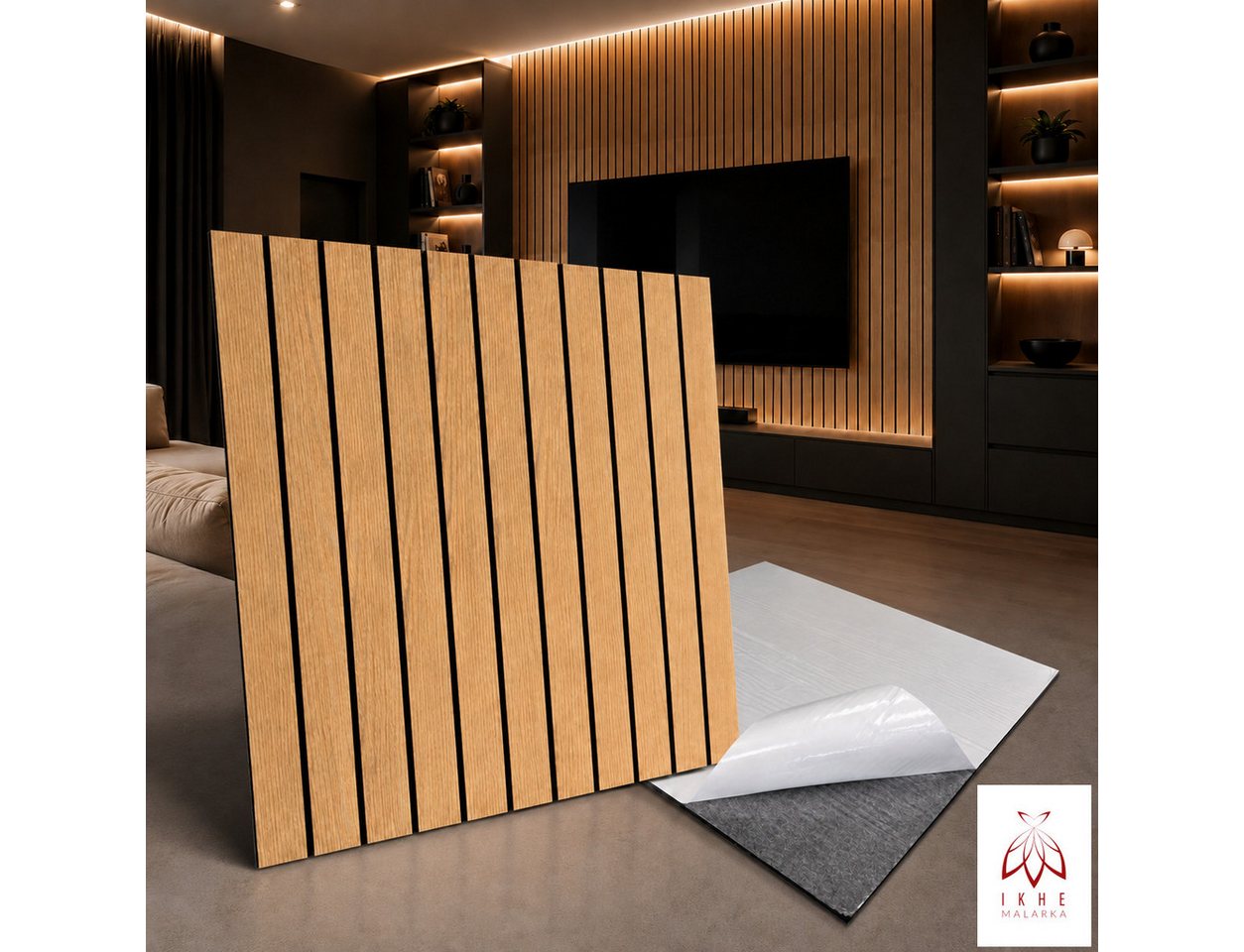 IKHEMalarka Wandpaneel Akustik Filz selbstklebend Holzoptik Decken Wandverkleidung, BxL: 60x60 cm, 0,36 qm, (1 Stück, 0,36qm) 60x60 cm 0,36 m² leicht, selbstklebende Rückseite als Montagehilfe Bild 4