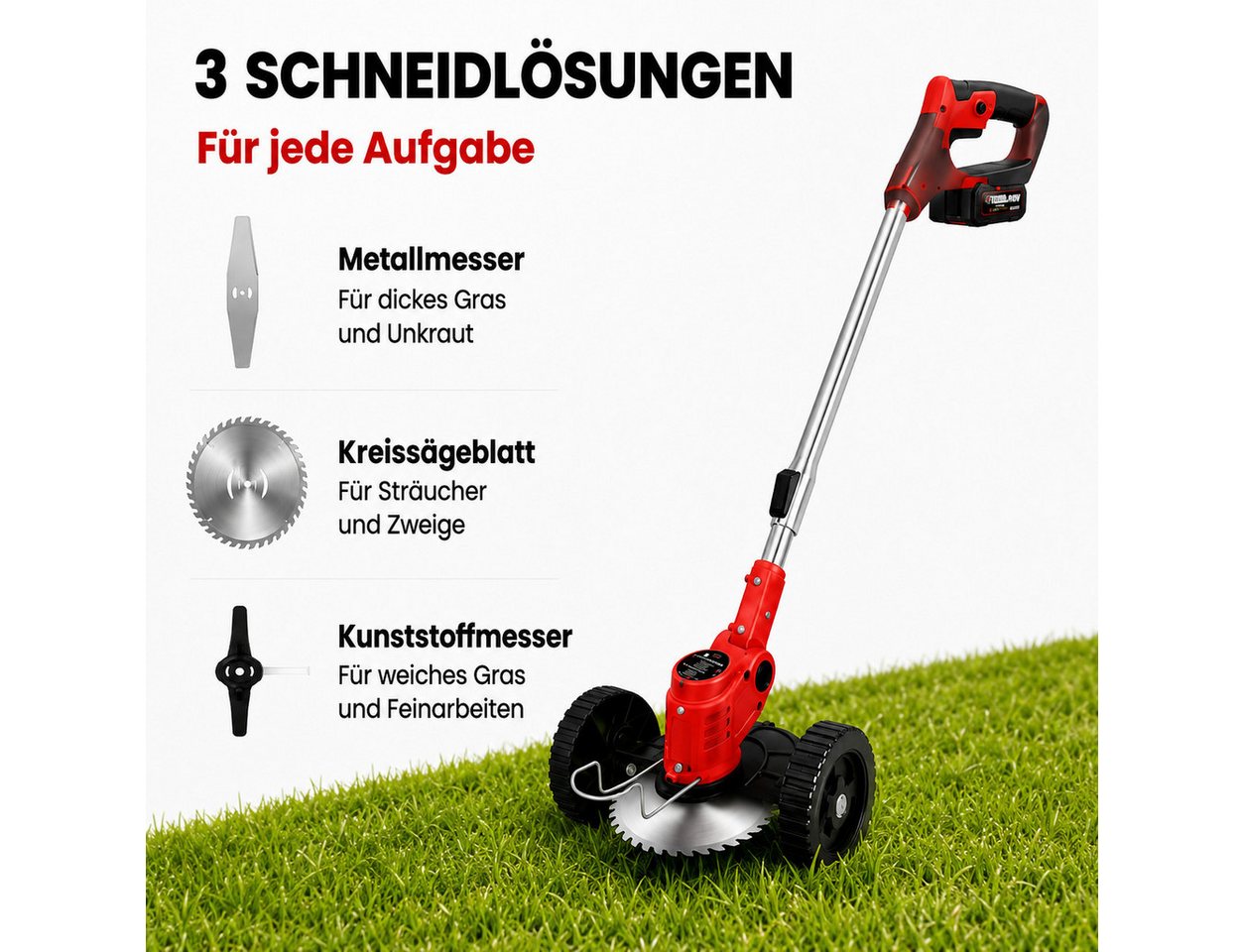 Toomoke Akku-Rasentrimmer Freischneider, Gartentrimmer für Garten und Rasen, Rasenkantenschneider, Motorsense für Gras, Unkraut und Rasenkanten cm Arbeitsbreite Faden, 48 V, 17.000 U/min, 35 cm, 100–150 cm, 2 Akkus, Doppelrad Bild 2