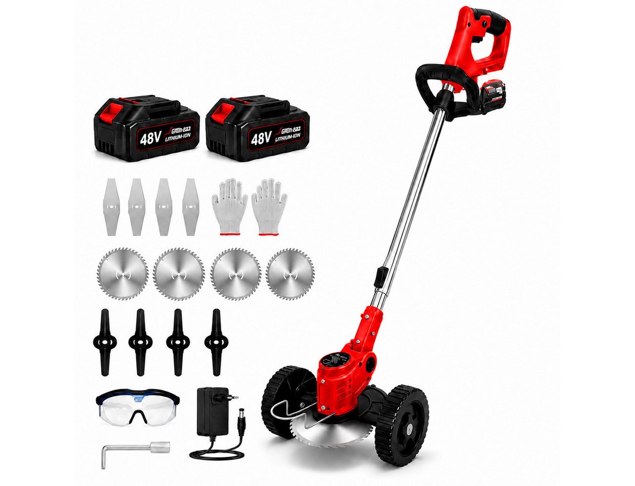 Toomoke Akku-Rasentrimmer Freischneider, Gartentrimmer für Garten und Rasen, Rasenkantenschneider, Motorsense für Gras, Unkraut und Rasenkanten cm Arbeitsbreite Faden, 48 V, 17.000 U/min, 35 cm, 100–150 cm, 2 Akkus, Doppelrad Bild 3