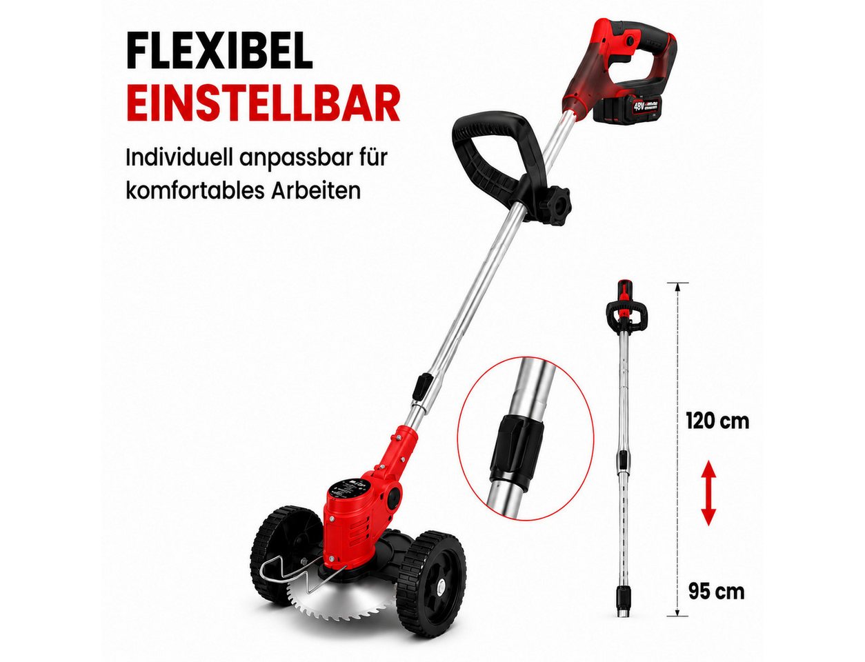 Toomoke Akku-Rasentrimmer Freischneider, Gartentrimmer für Garten und Rasen, Rasenkantenschneider, Motorsense für Gras, Unkraut und Rasenkanten cm Arbeitsbreite Faden, 48 V, 17.000 U/min, 35 cm, 100–150 cm, 2 Akkus, Doppelrad Bild 4