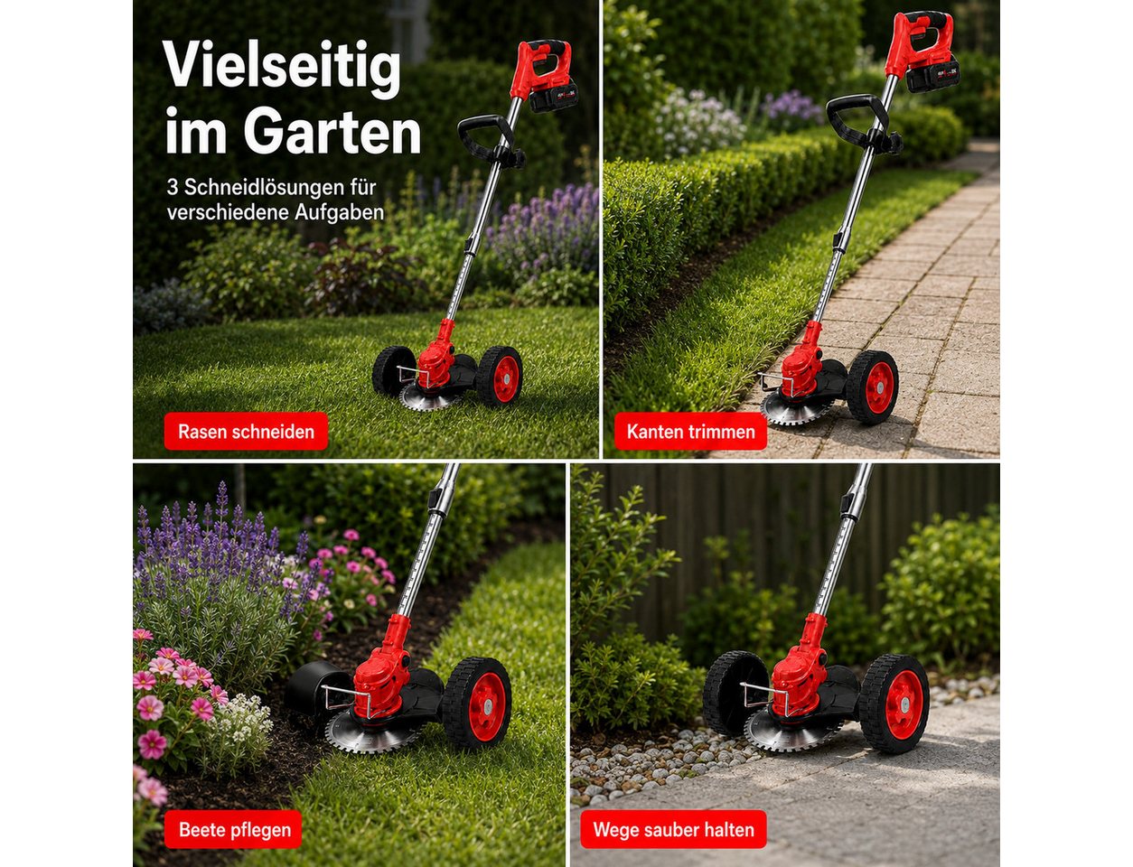 Toomoke Akku-Rasentrimmer Freischneider, Gartentrimmer für Garten und Rasen, Rasenkantenschneider, Motorsense für Gras, Unkraut und Rasenkanten cm Arbeitsbreite Faden, 48 V, 17.000 U/min, 35 cm, 100–150 cm, 2 Akkus, Doppelrad Bild 5