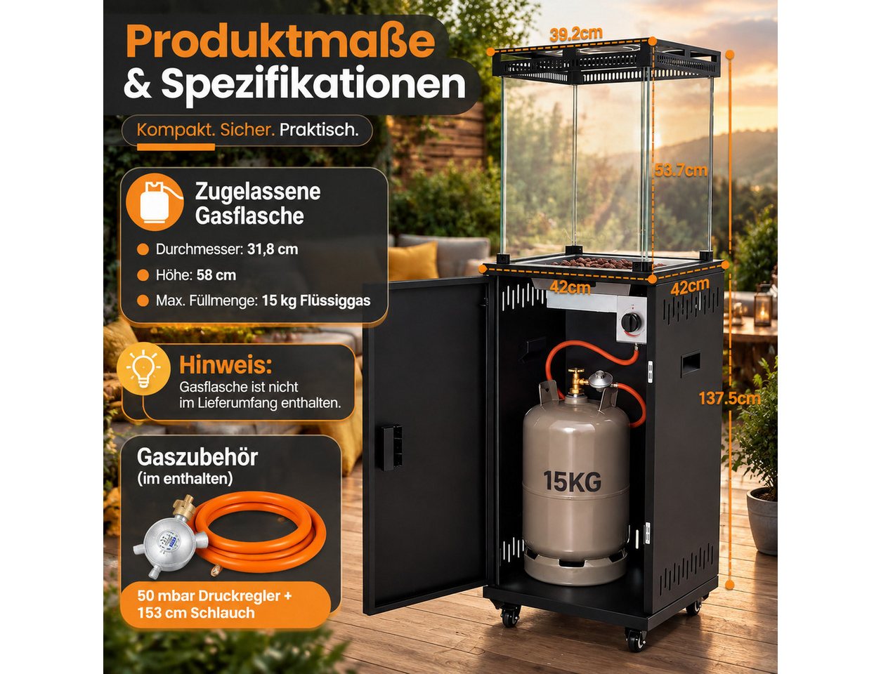 Ledklang Heizstrahler Gasheizstrahler Terrassenheizstrahler Gas 10-13kW Schwarz Mobil, 8000 W, Terrassenheizer für Terrasse Garten Balkon Outdoor 42×42×144,5cm Bild 3