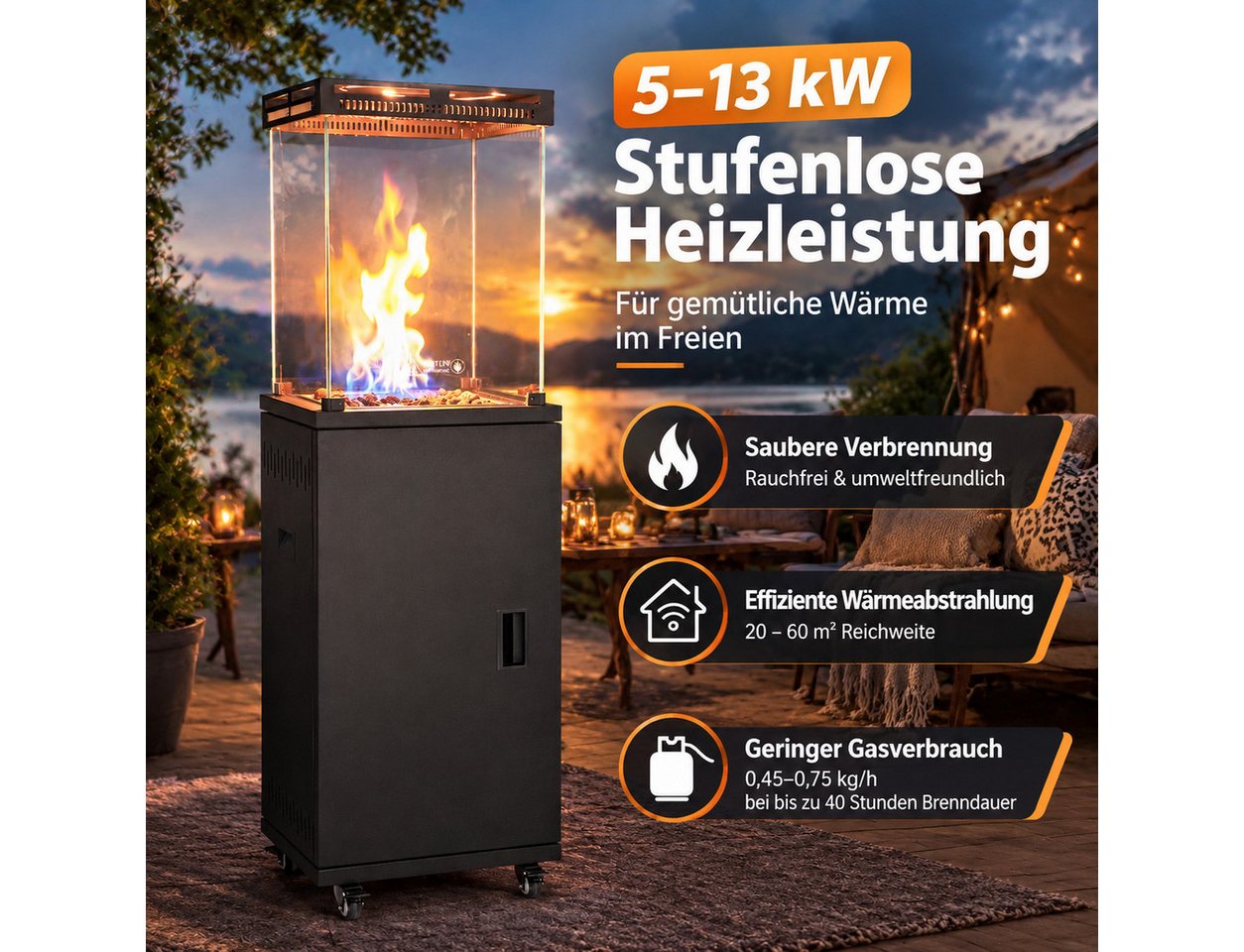 Ledklang Heizstrahler Gasheizstrahler Terrassenheizstrahler Gas 10-13kW Schwarz Mobil, 8000 W, Terrassenheizer für Terrasse Garten Balkon Outdoor 42×42×144,5cm Bild 4