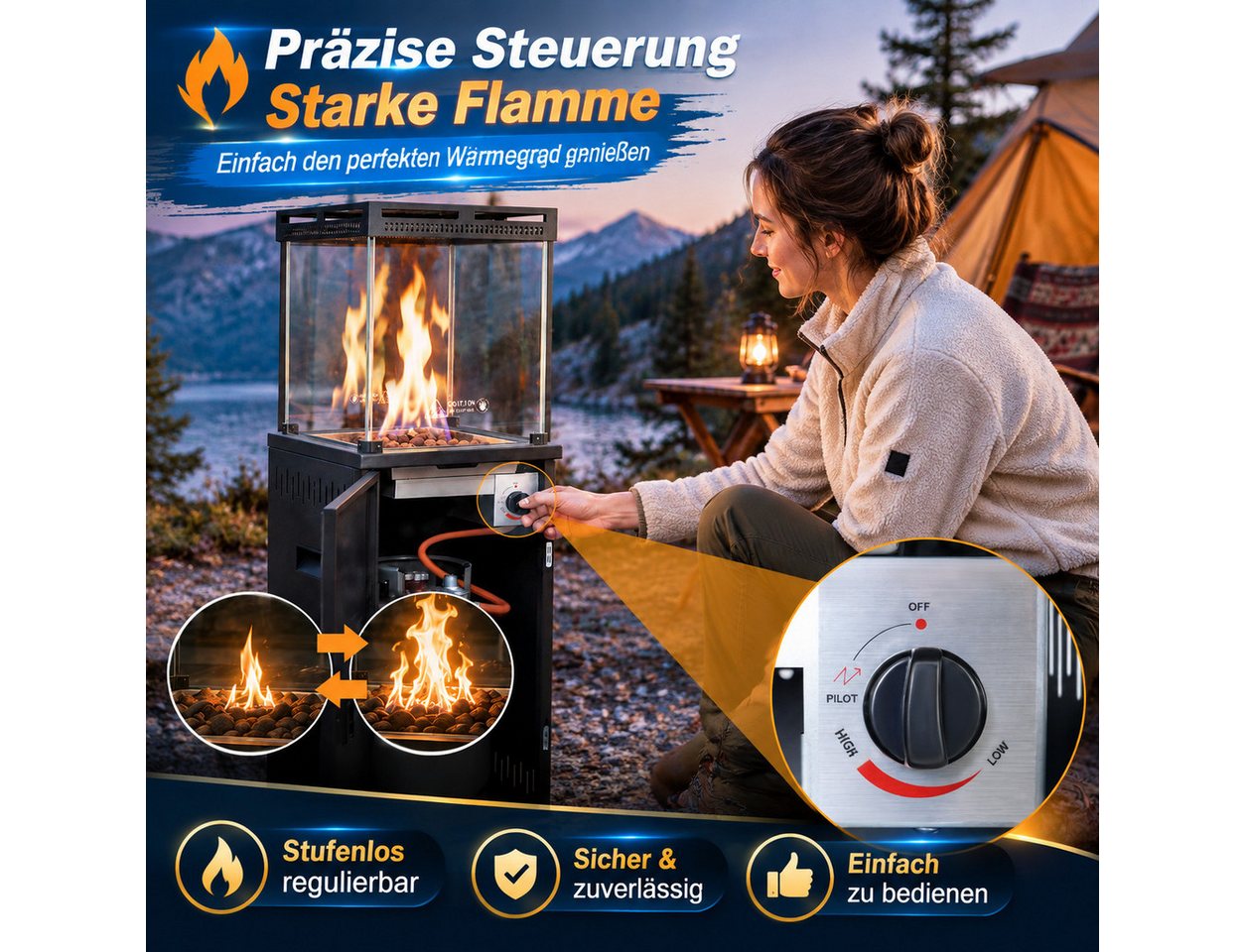 Ledklang Heizstrahler Gasheizstrahler Terrassenheizstrahler Gas 10-13kW Schwarz Mobil, 8000 W, Terrassenheizer für Terrasse Garten Balkon Outdoor 42×42×144,5cm Bild 5